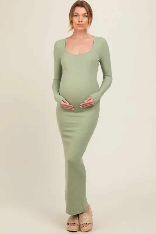 Light Olive Ribbed Long Sleeve Square Neck Maternity Maxi Dress sold by Pinkblush