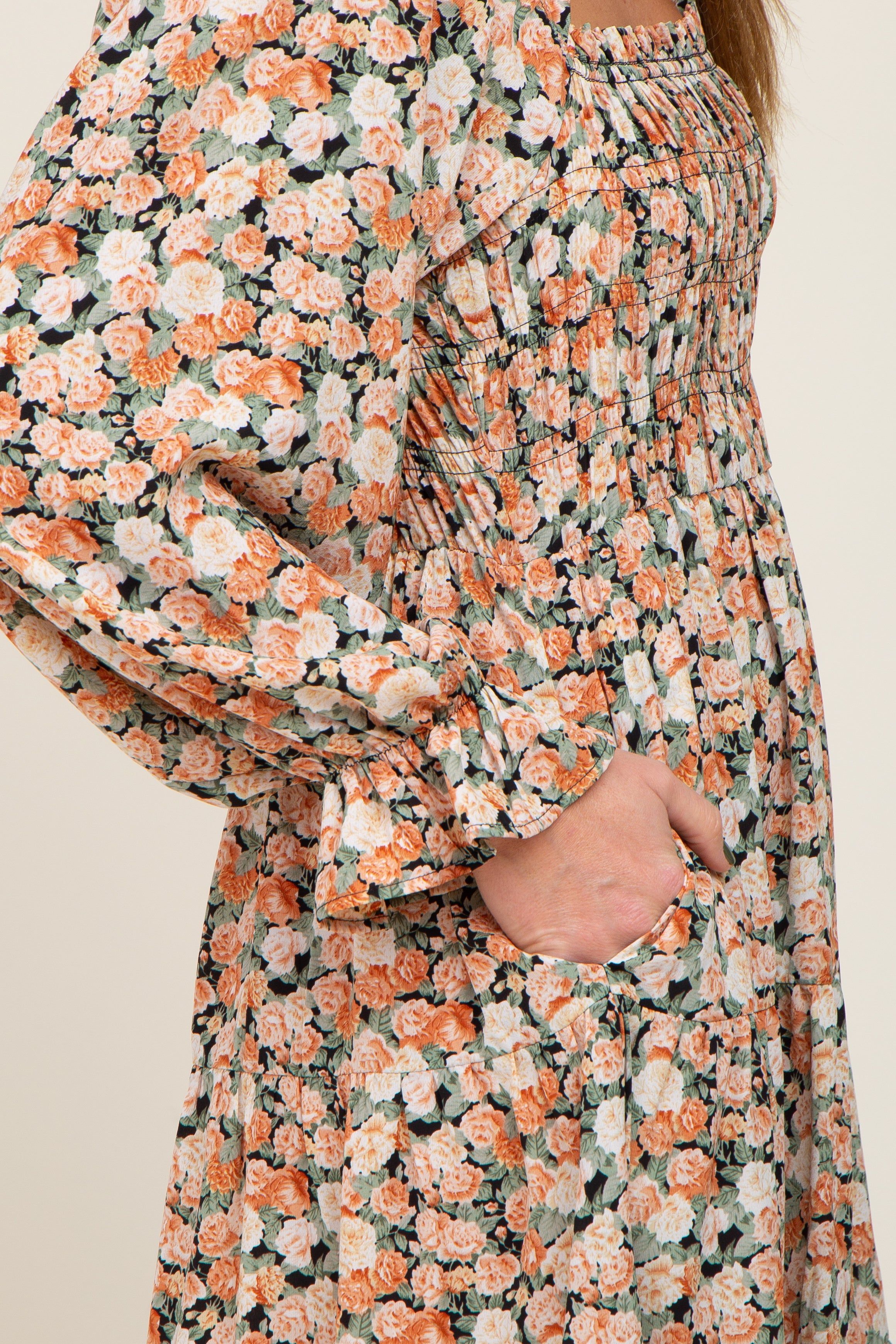 Peach Floral Smocked Square Neck Tiered Dress sold by Pinkblush product image thumbnail 4