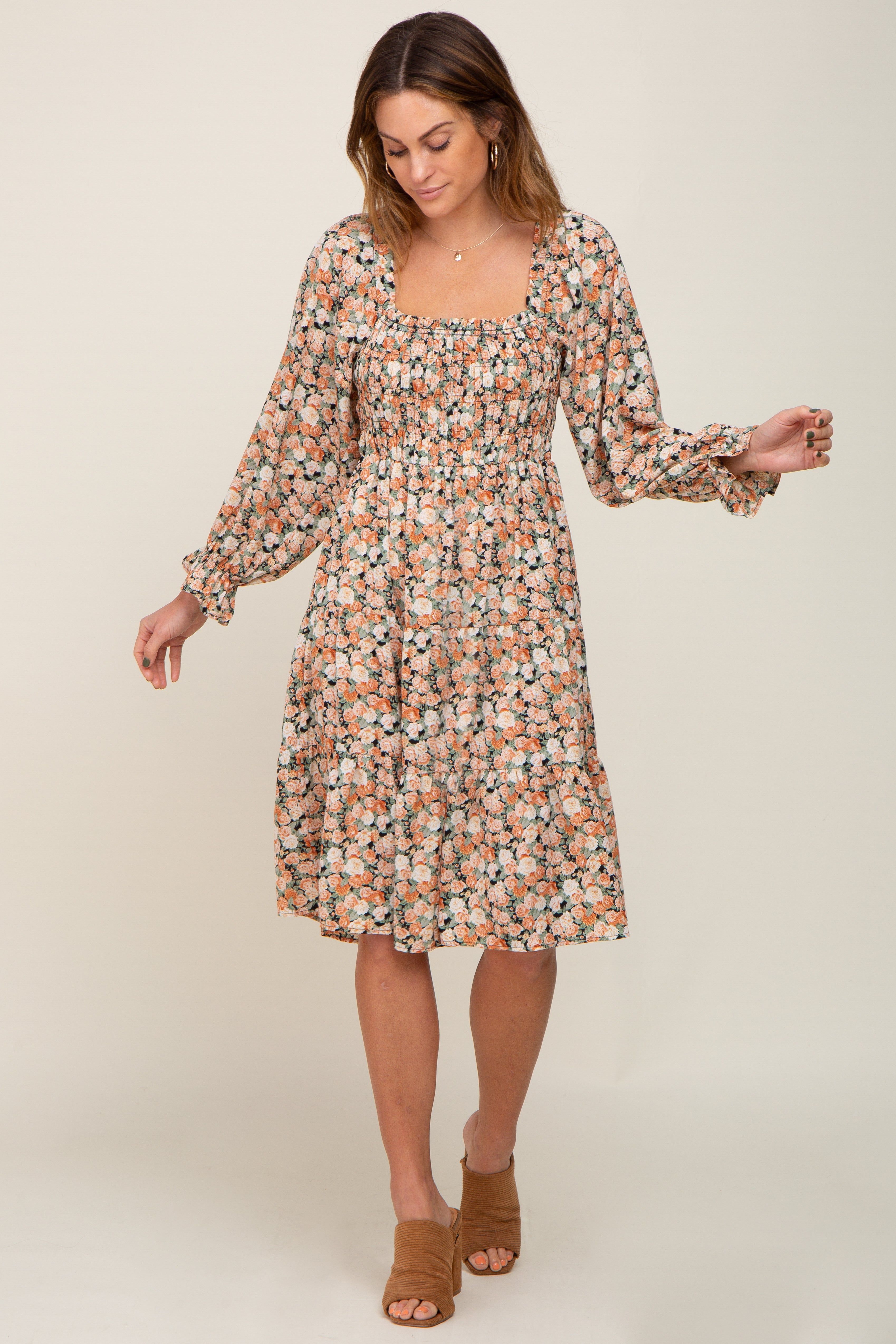 Peach Floral Smocked Square Neck Tiered Dress sold by Pinkblush