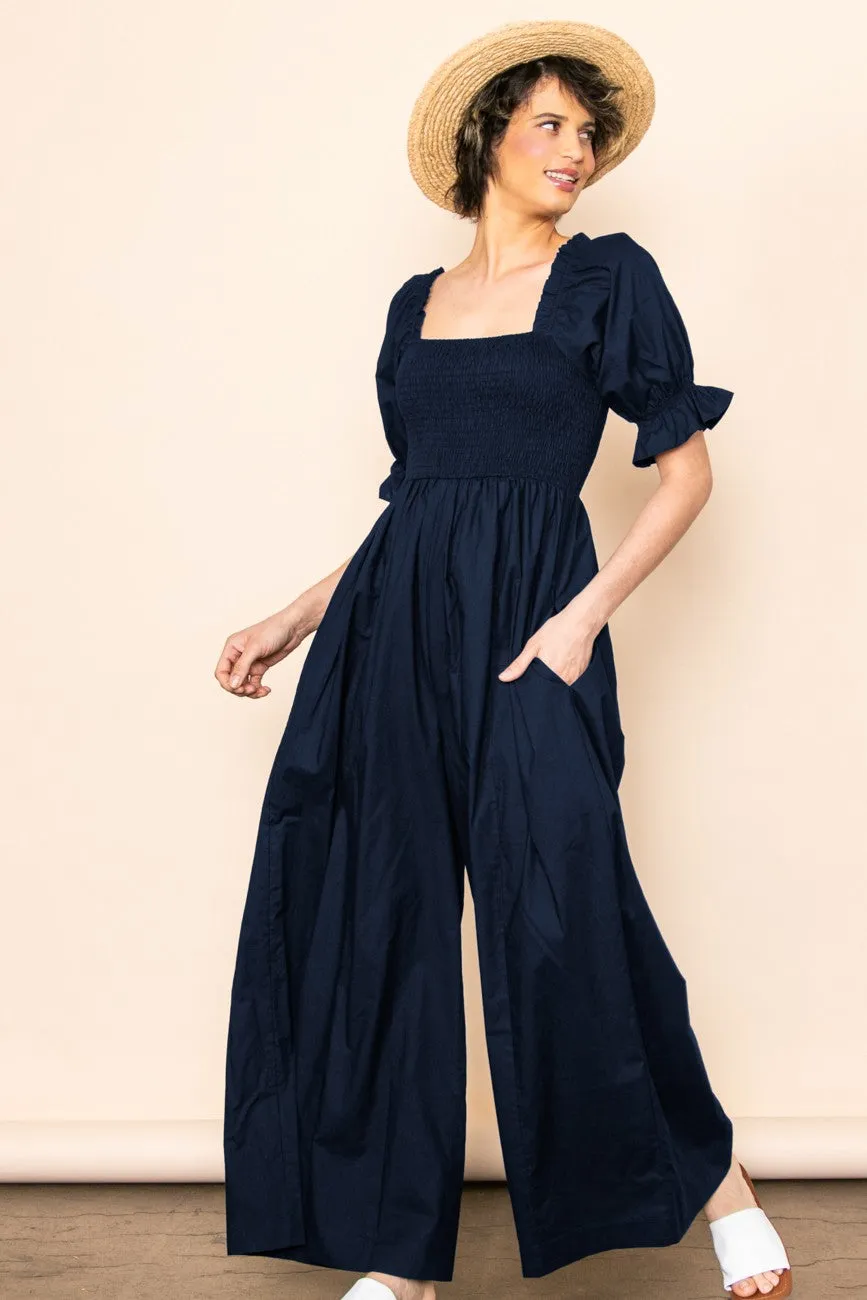 Navy Smocked Square Neck Wide Leg Jumpsuit sold by Pinkblush product image thumbnail 2