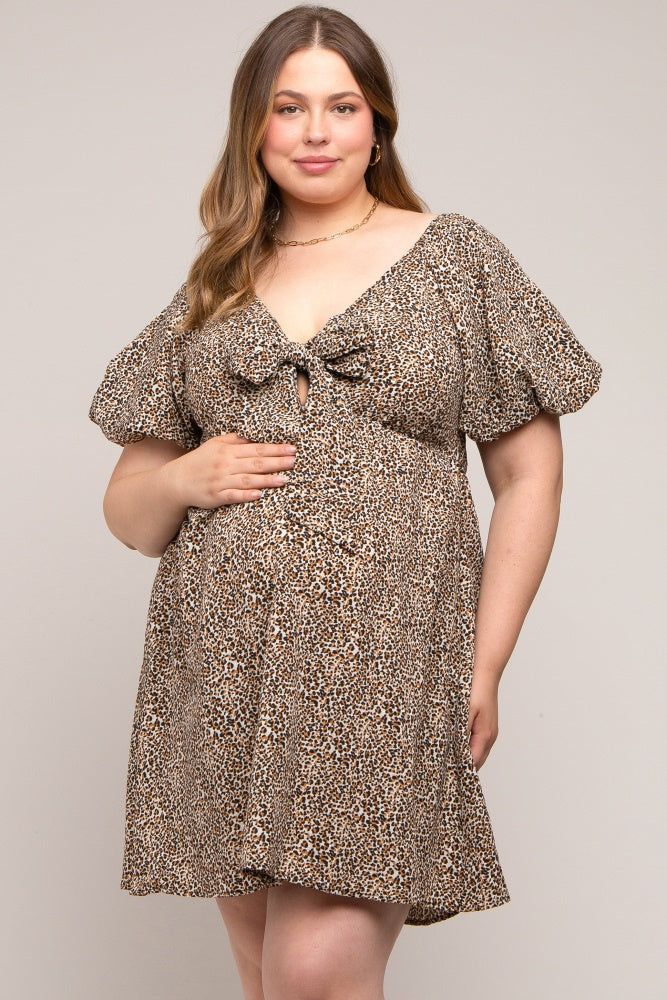 Cream Cheetah Print Knotted Puff Sleeve Plus Maternity Dress sold by Pinkblush