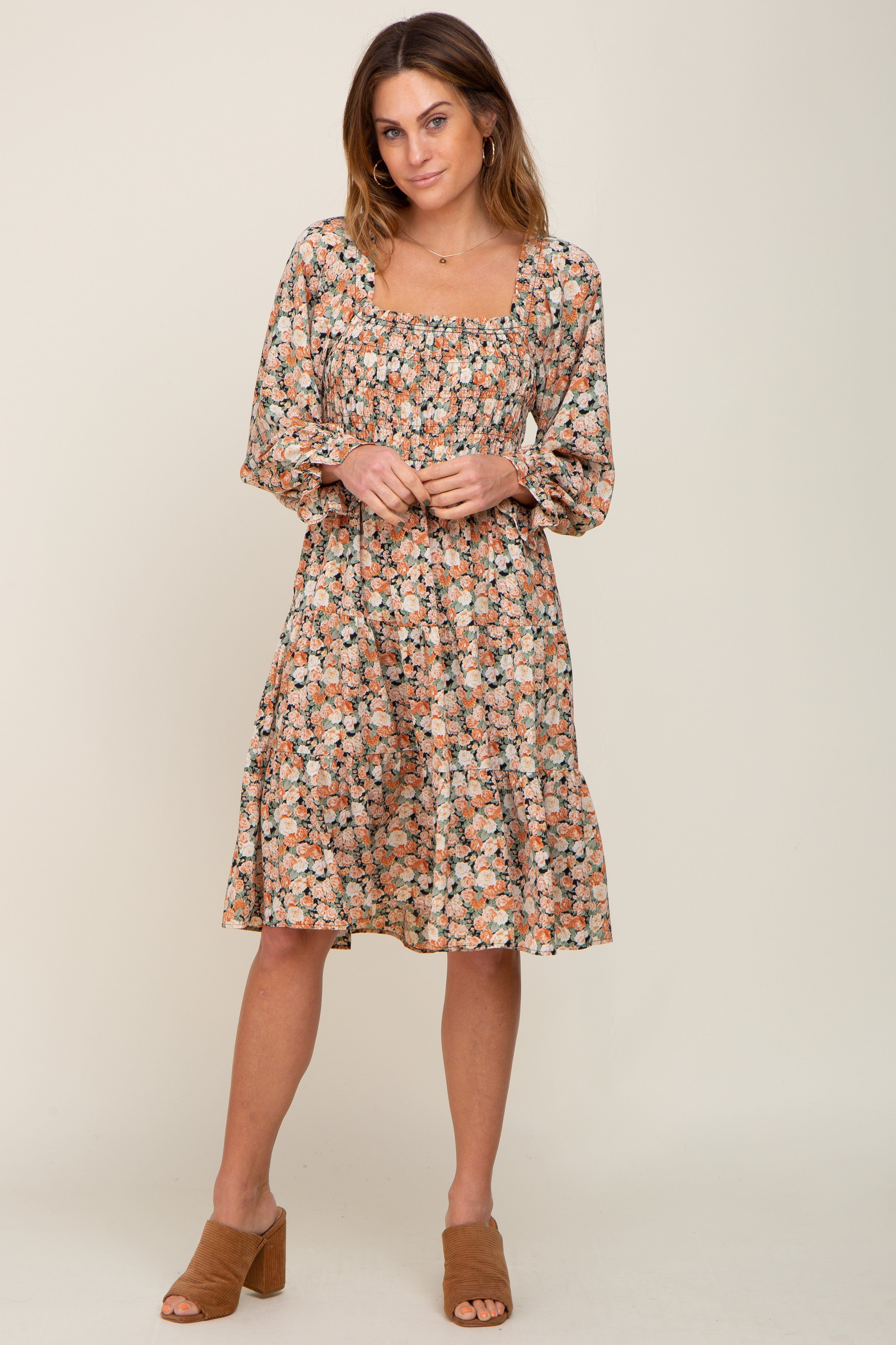 Peach Floral Smocked Square Neck Tiered Dress sold by Pinkblush product image thumbnail 5