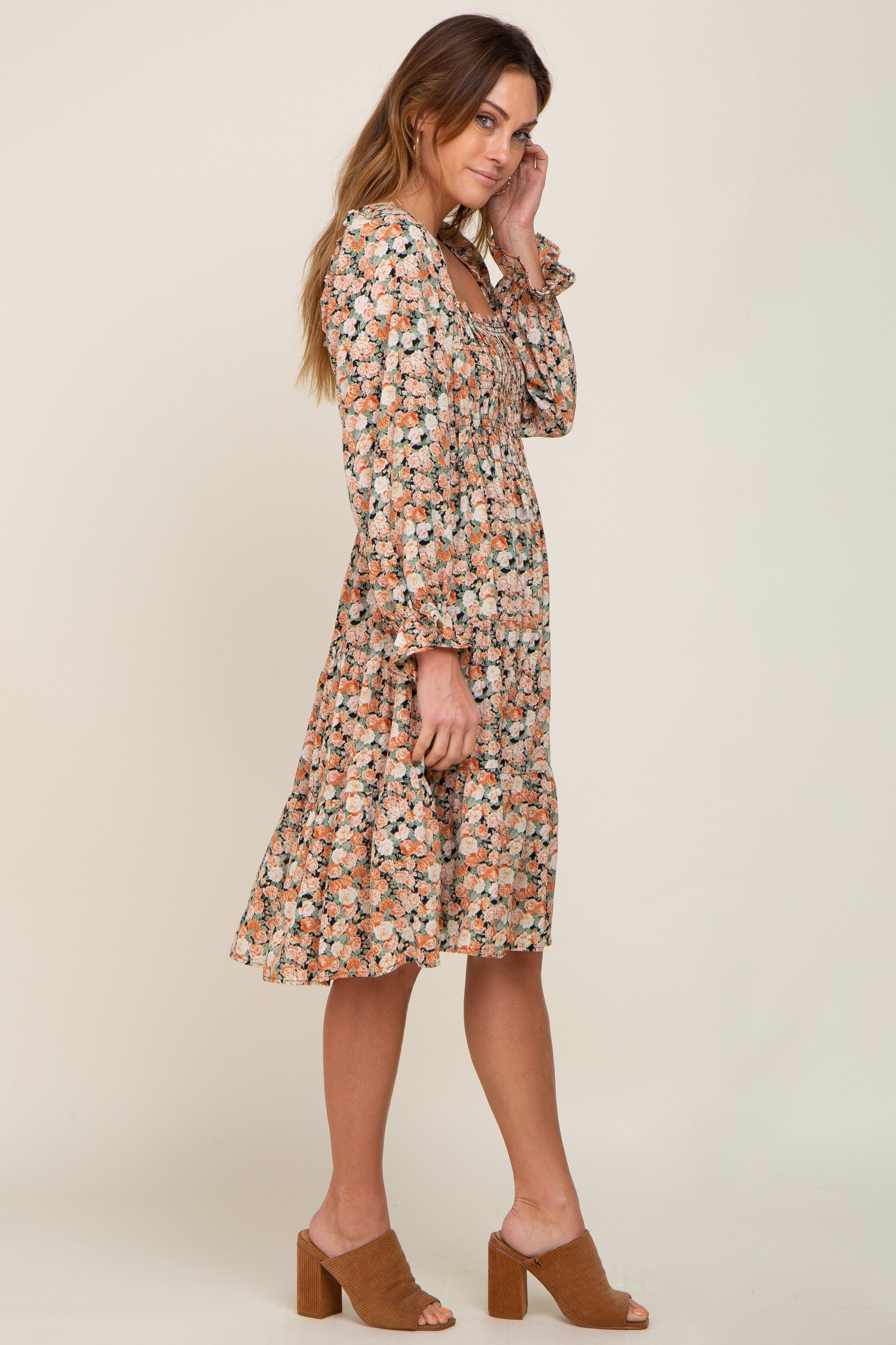 Peach Floral Smocked Square Neck Tiered Dress sold by Pinkblush product image thumbnail 2