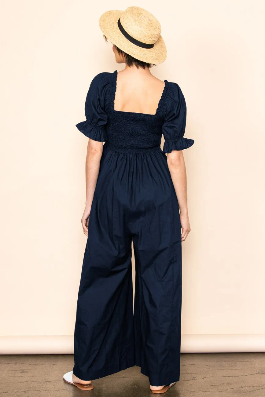 Navy Smocked Square Neck Wide Leg Jumpsuit sold by Pinkblush product image thumbnail 3
