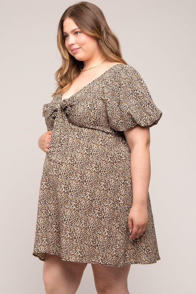 Cream Cheetah Print Knotted Puff Sleeve Plus Maternity Dress sold by Pinkblush product image thumbnail 2