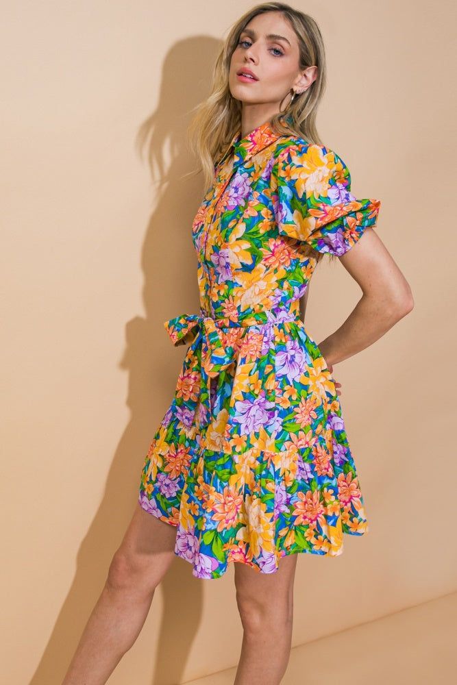 Blue Yellow Floral Waist Tie Dress sold by Pinkblush product image thumbnail 2