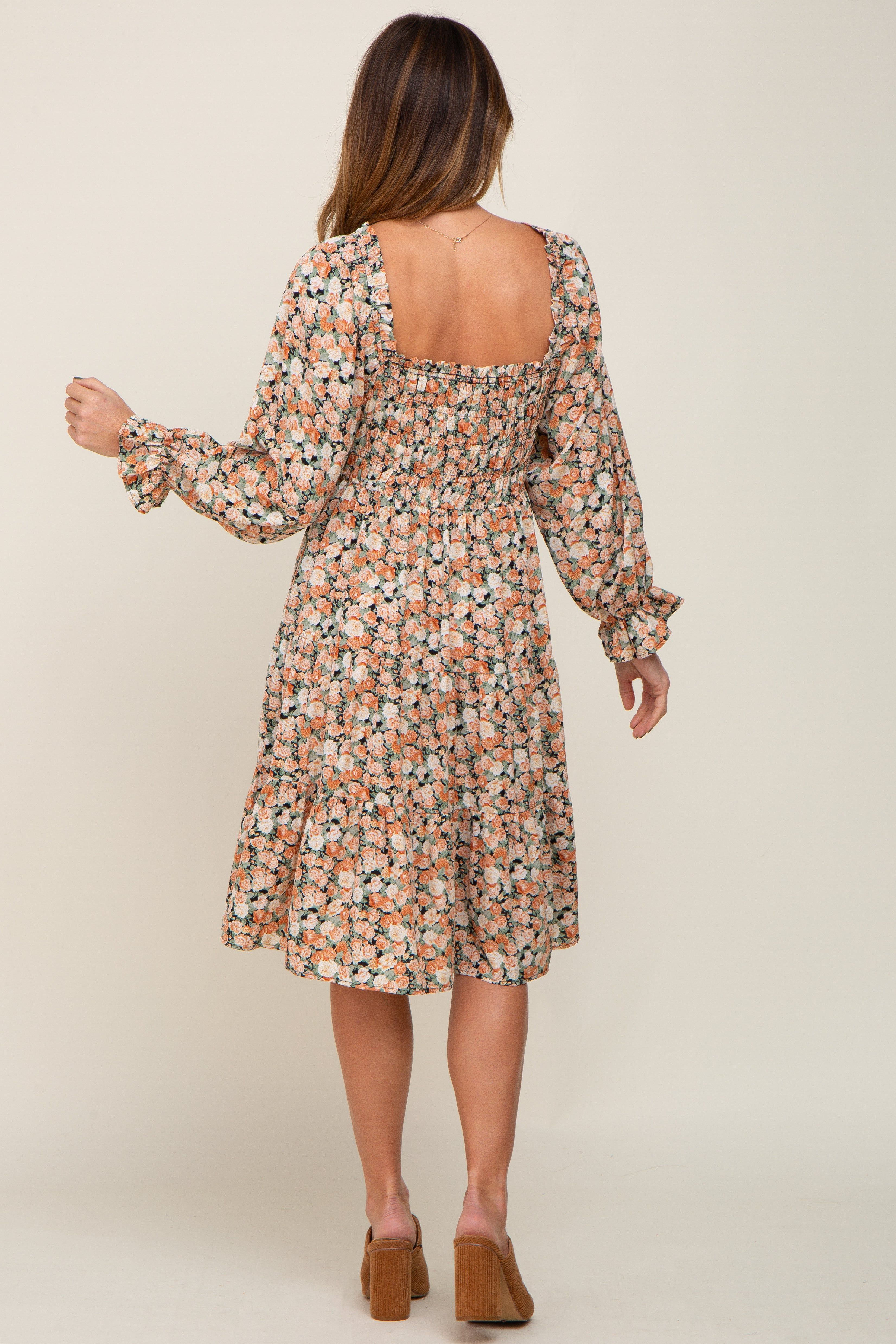 Peach Floral Smocked Square Neck Tiered Dress sold by Pinkblush product image thumbnail 3