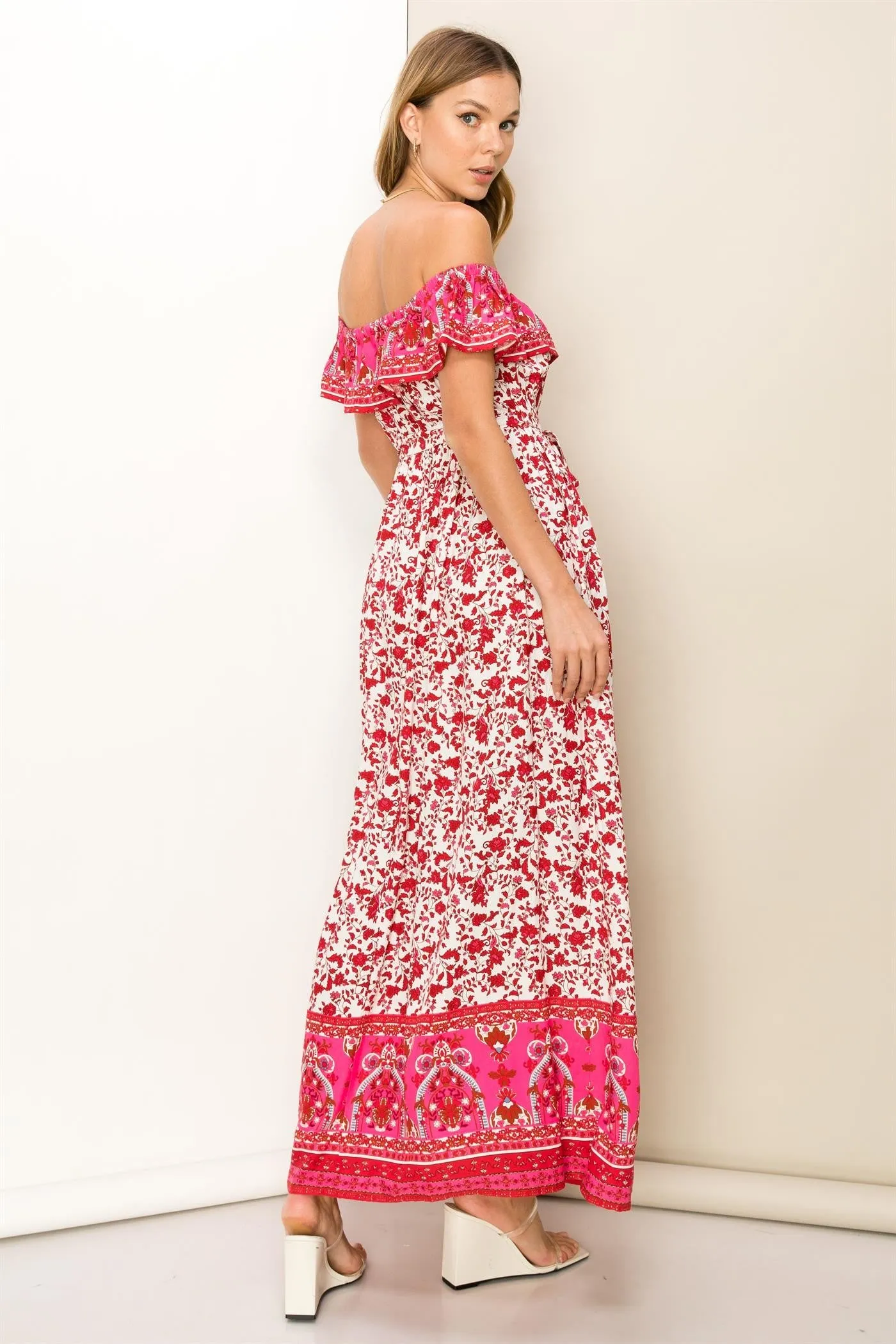 Red Floral Paisley Ruffle Off Shoulder Maxi Dress sold by Pinkblush product image thumbnail 5