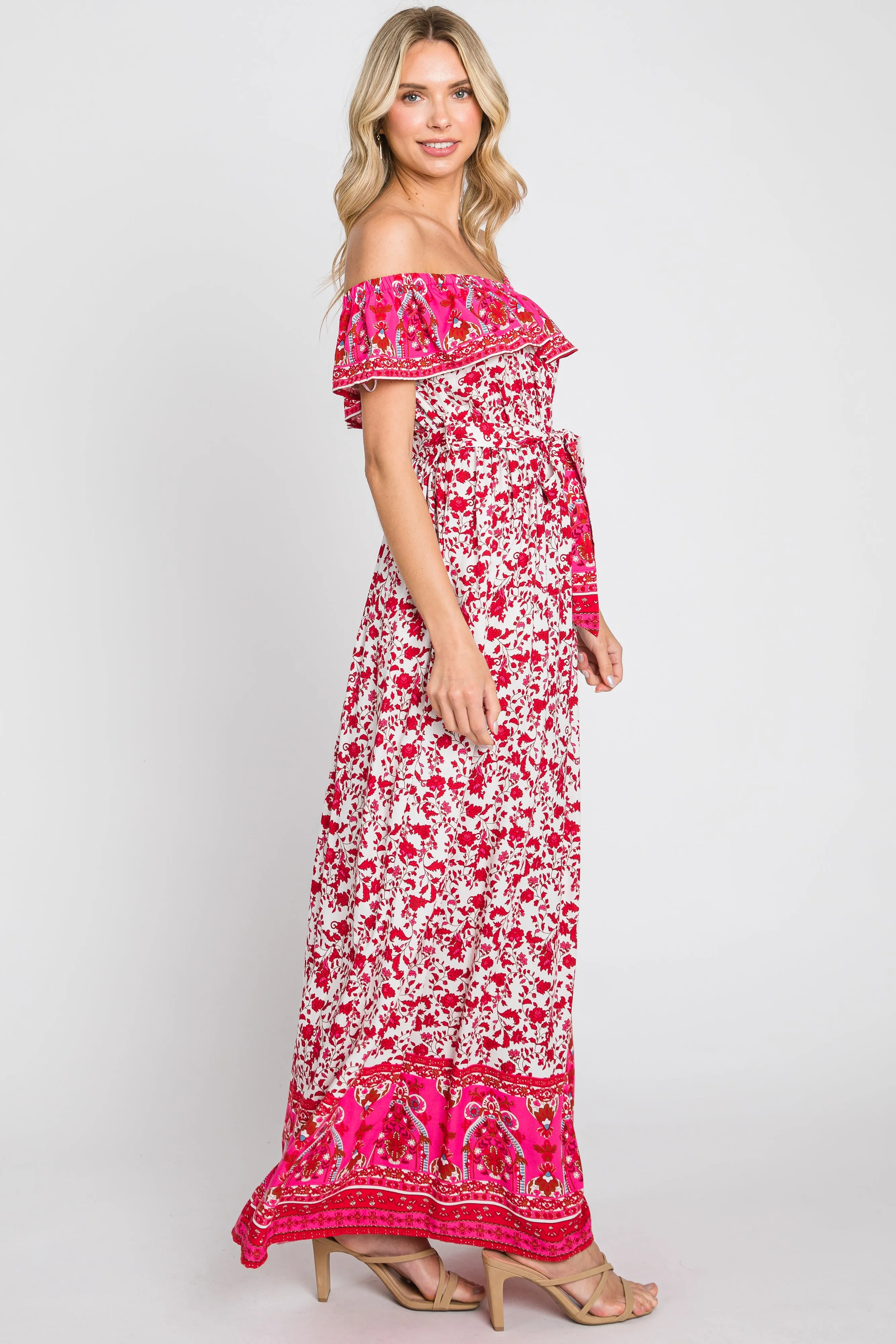 Red Floral Paisley Ruffle Off Shoulder Maxi Dress sold by Pinkblush product image thumbnail 2