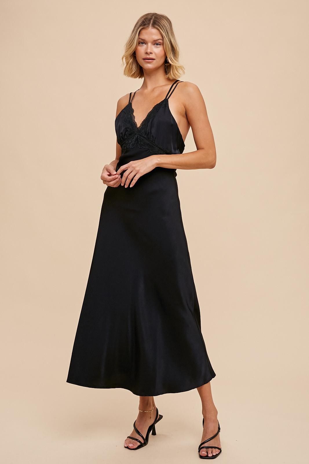 Black Matte Satin Lace Slip Dress sold by Pinkblush product image thumbnail 2
