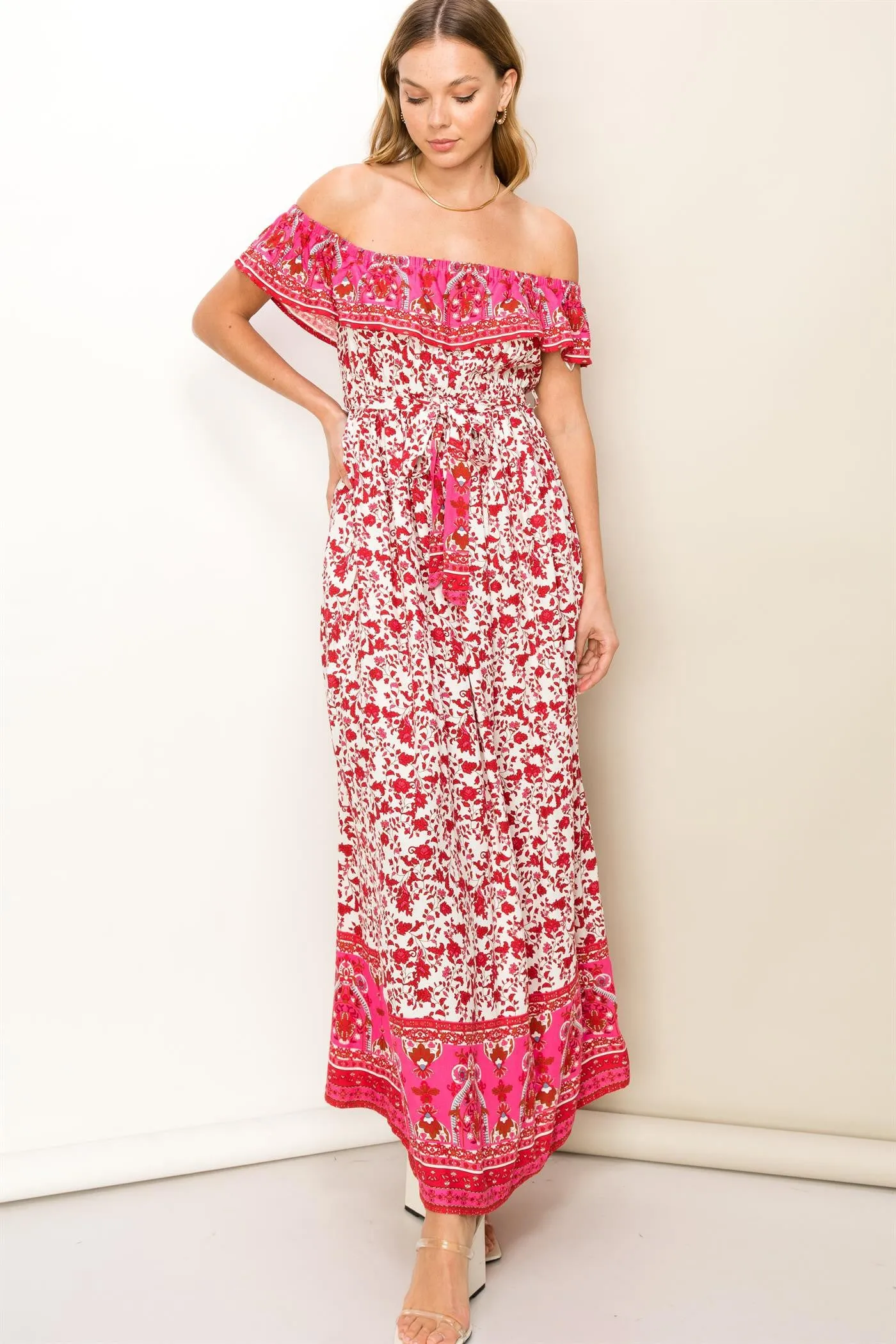 Red Floral Paisley Ruffle Off Shoulder Maxi Dress sold by Pinkblush product image thumbnail 3