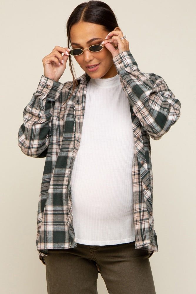 Forest Green Plaid Button Down Maternity Top sold by Pinkblush