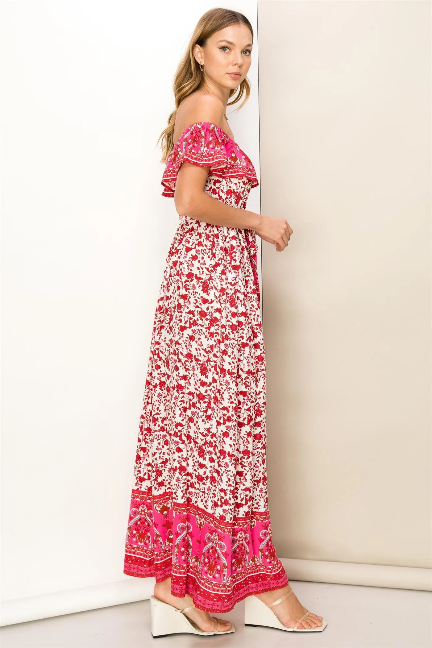 Red Floral Paisley Ruffle Off Shoulder Maxi Dress sold by Pinkblush product image thumbnail 4