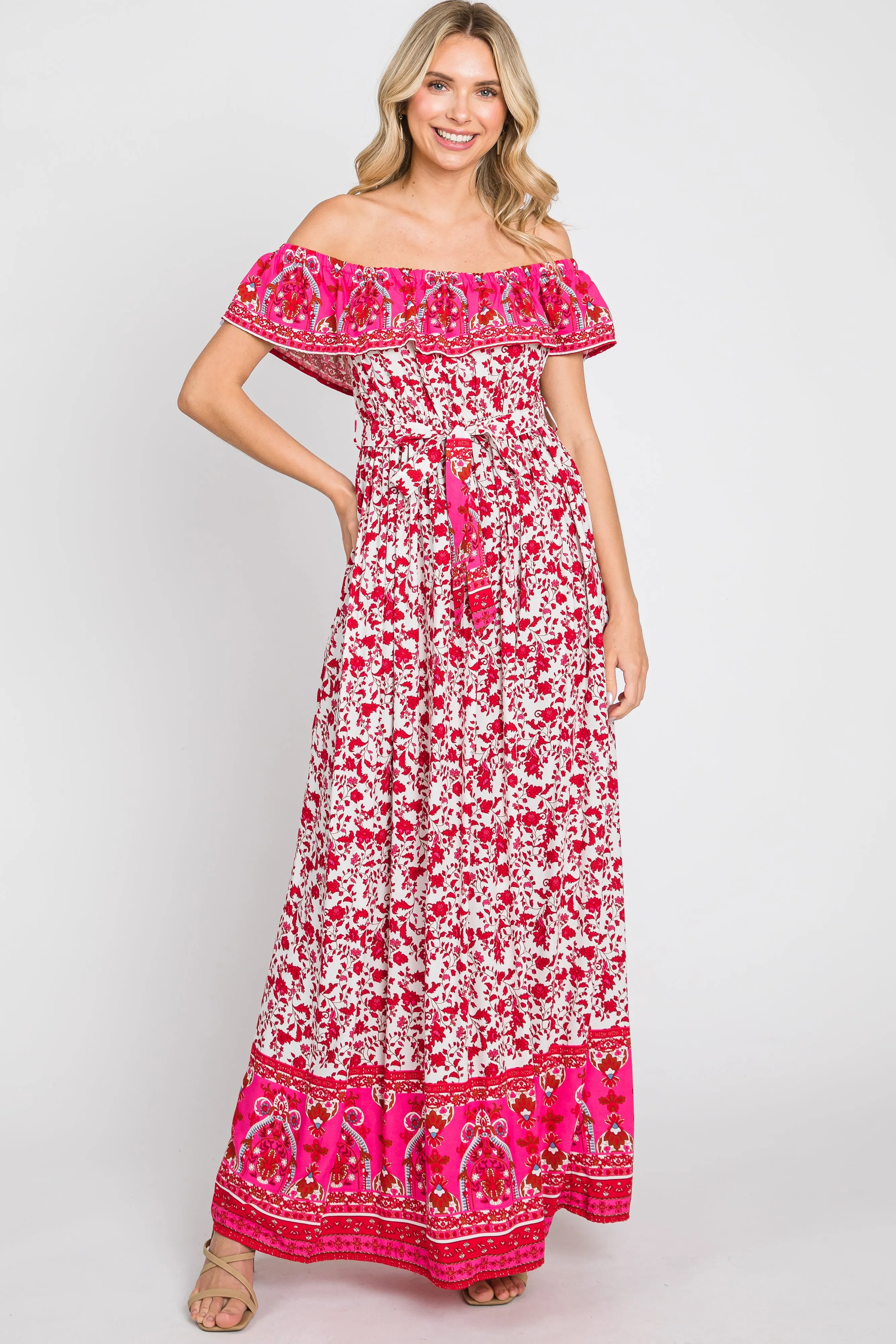 Red Floral Paisley Ruffle Off Shoulder Maxi Dress sold by Pinkblush