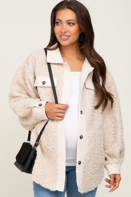 Beige Contrast Oversized Sherpa Maternity Coat made by Pinkblush
