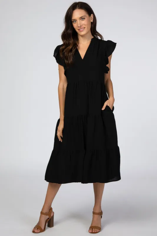 Black Tiered Ruffle Sleeve Midi Dress sold by Pinkblush