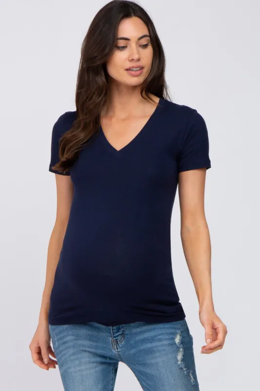 Navy Blue V-Neck Short Sleeve Maternity Top sold by Pinkblush