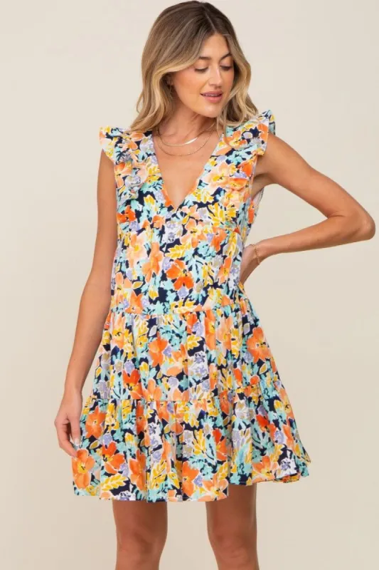 Orange Floral Ruffle Accent Tiered Maternity Dress sold by Pinkblush