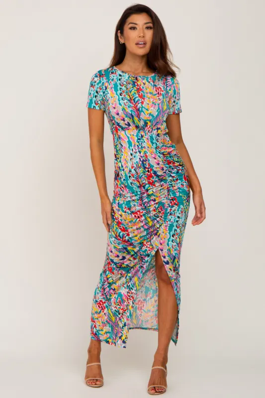 Jade Multi-Color Floral Side Slit Maxi Dress sold by Pinkblush