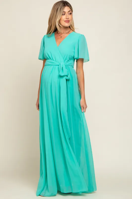 Aqua Chiffon Wrap Front Short Sleeve Maternity Maxi Dress sold by Pinkblush