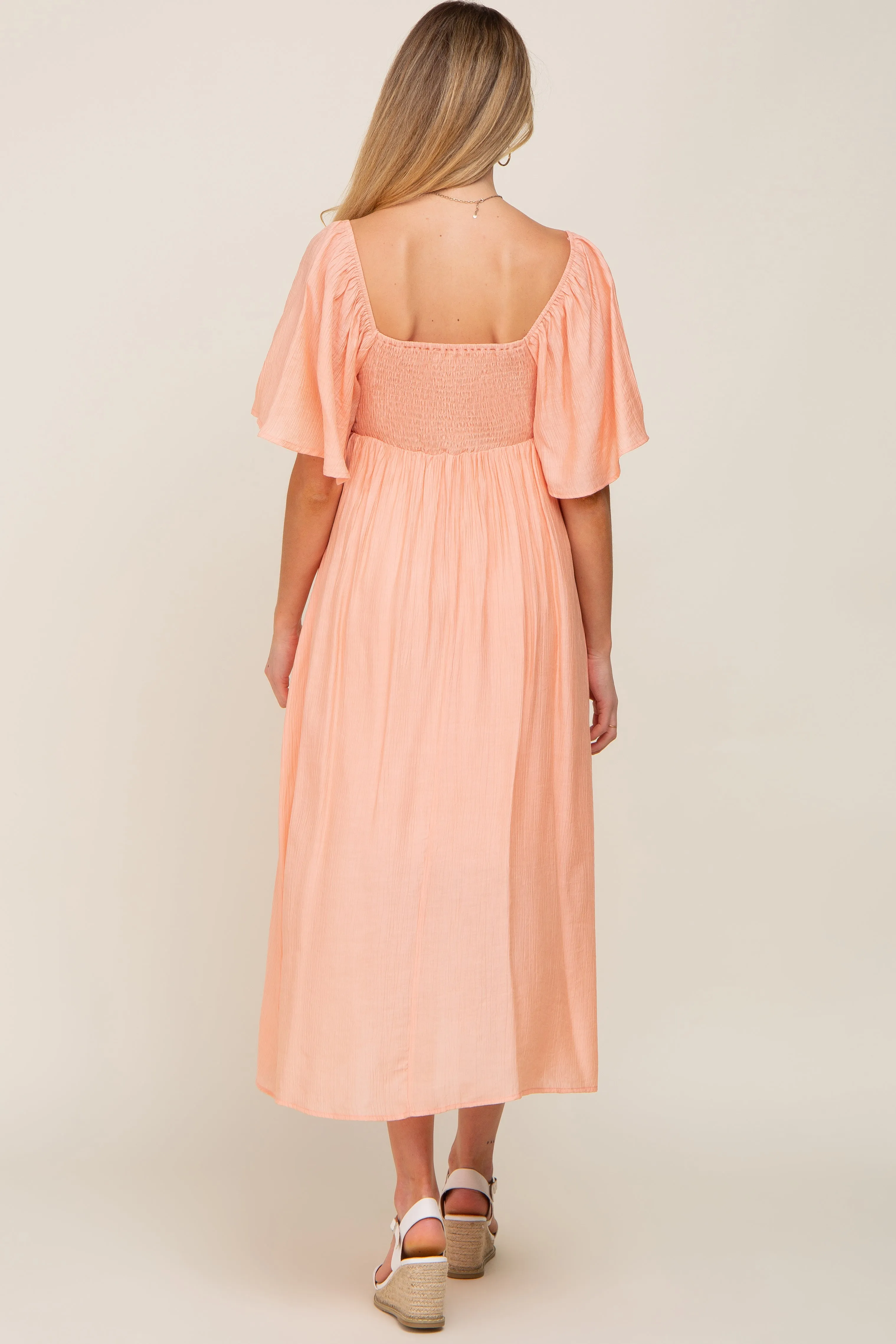 Peach Front Tie Ruffle Sleeve Maternity Midi Dress sold by Pinkblush product image thumbnail 3