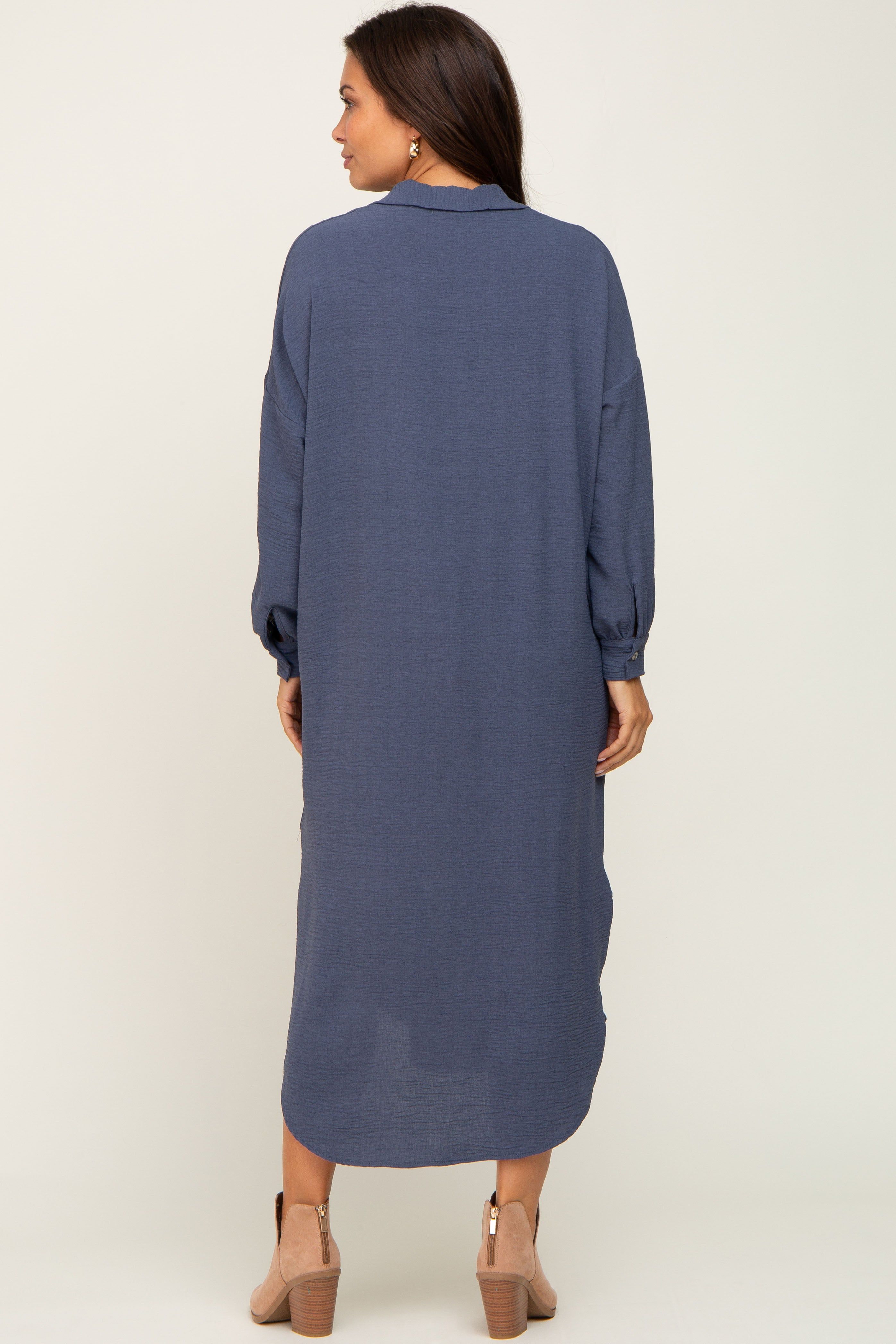 Blue Grey Button Down Front Pocket Maternity Midi Dress sold by Pinkblush product image thumbnail 3
