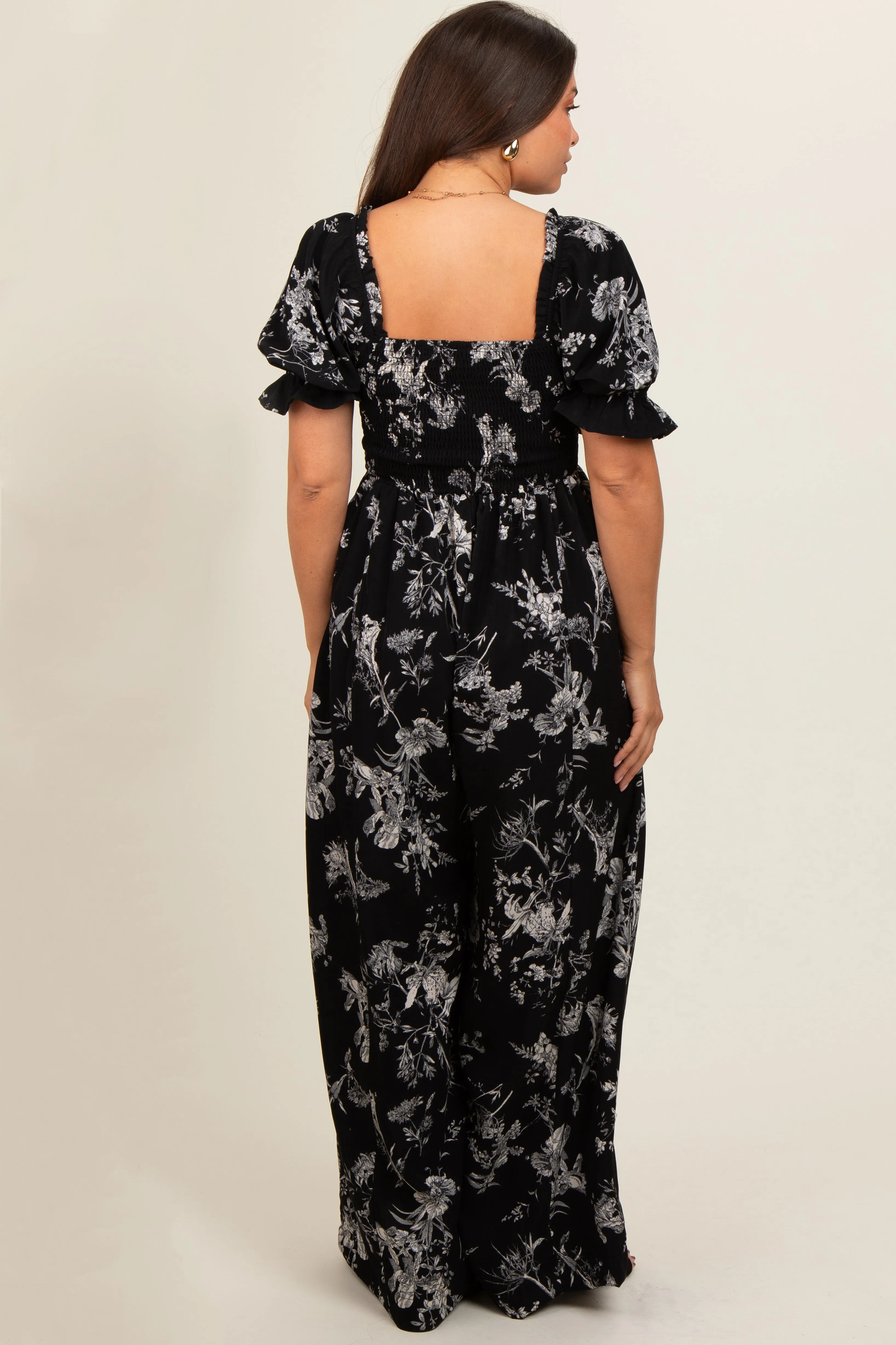 Black Floral Smocked Square Neck Wide Leg Maternity Jumpsuit sold by Pinkblush product image thumbnail 4