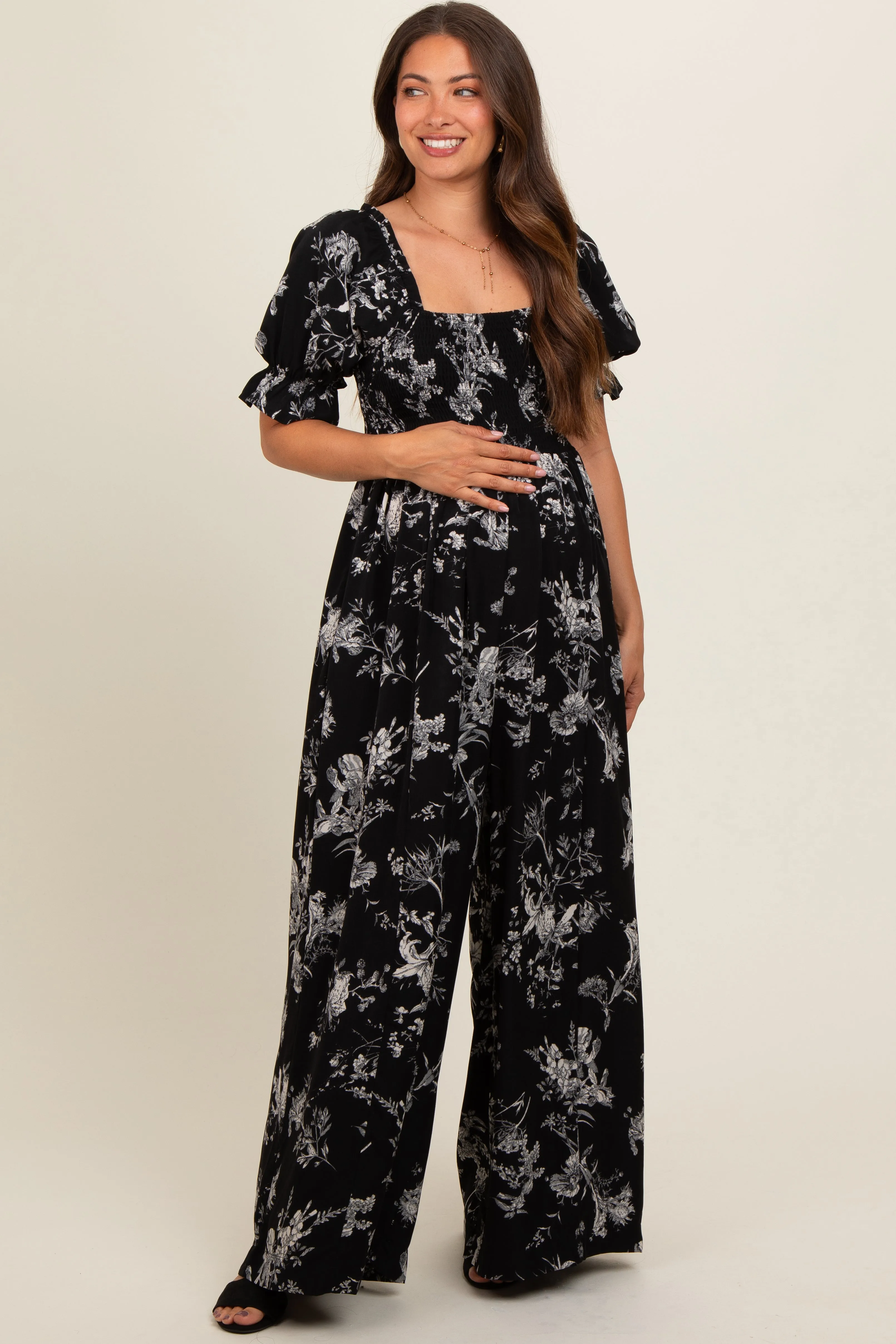 Black Floral Smocked Square Neck Wide Leg Maternity Jumpsuit sold by Pinkblush