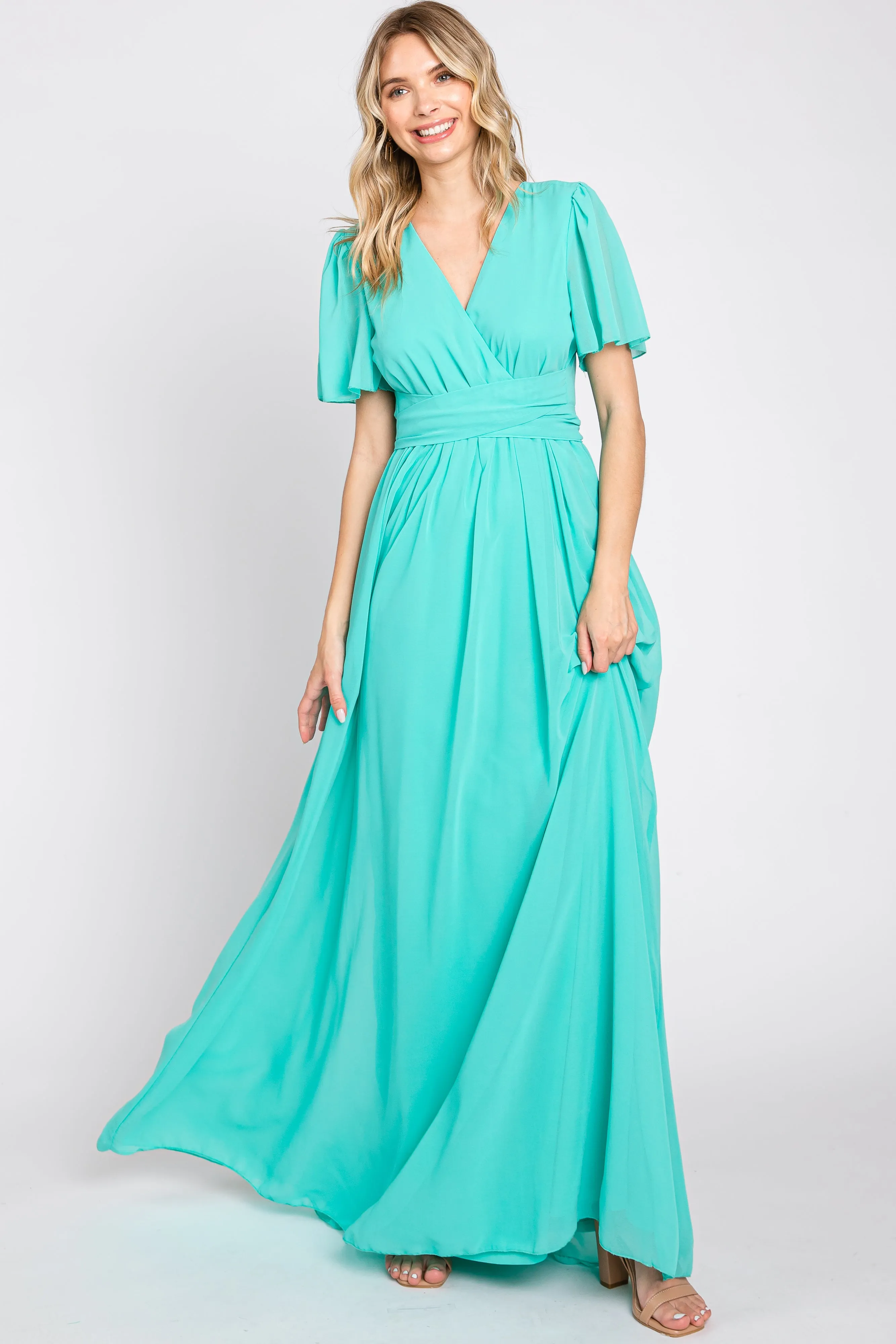 Aqua Chiffon Wrap Front Short Sleeve Maternity Maxi Dress sold by Pinkblush product image thumbnail 5