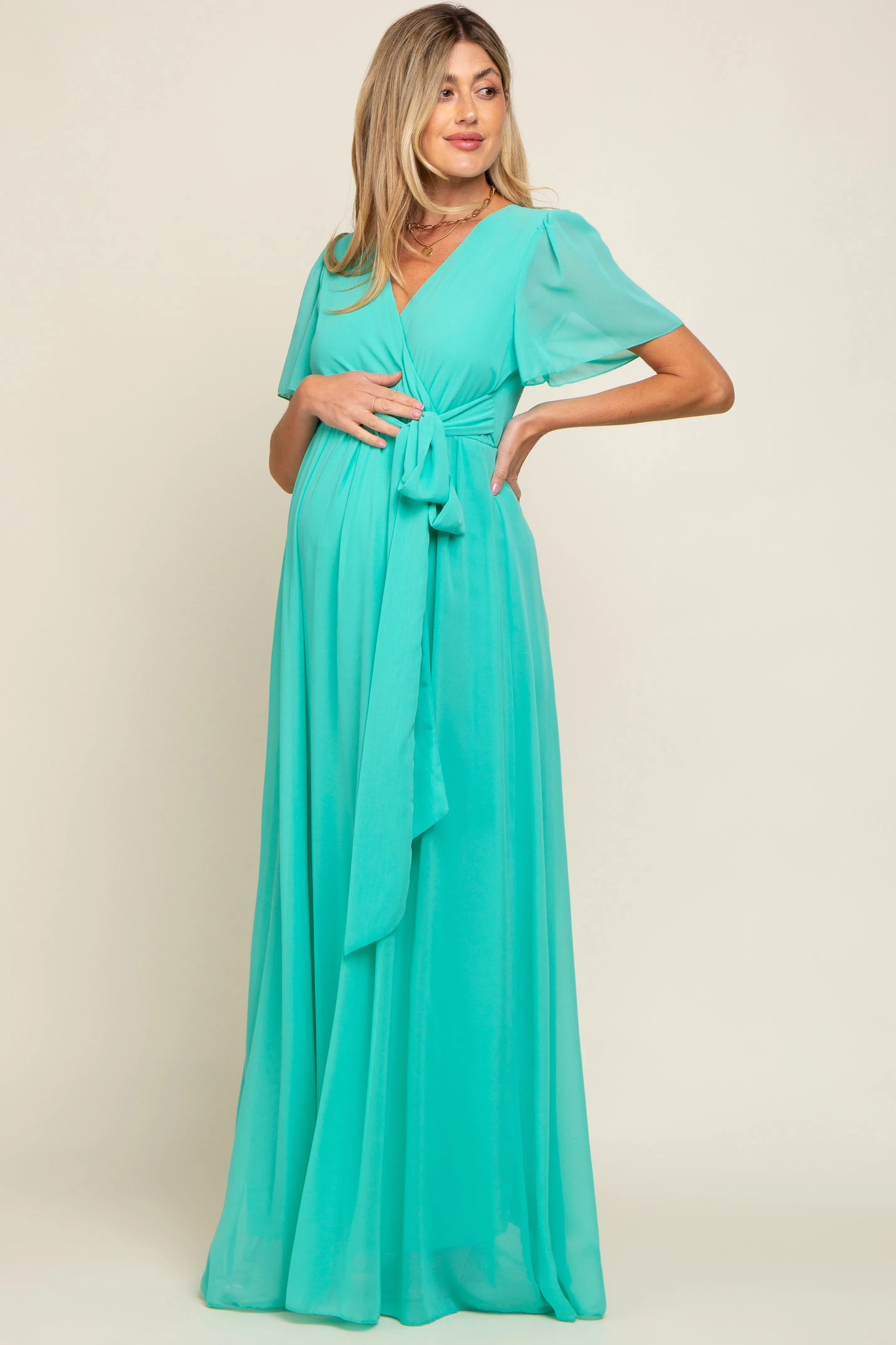 Aqua Chiffon Wrap Front Short Sleeve Maternity Maxi Dress sold by Pinkblush product image thumbnail 2