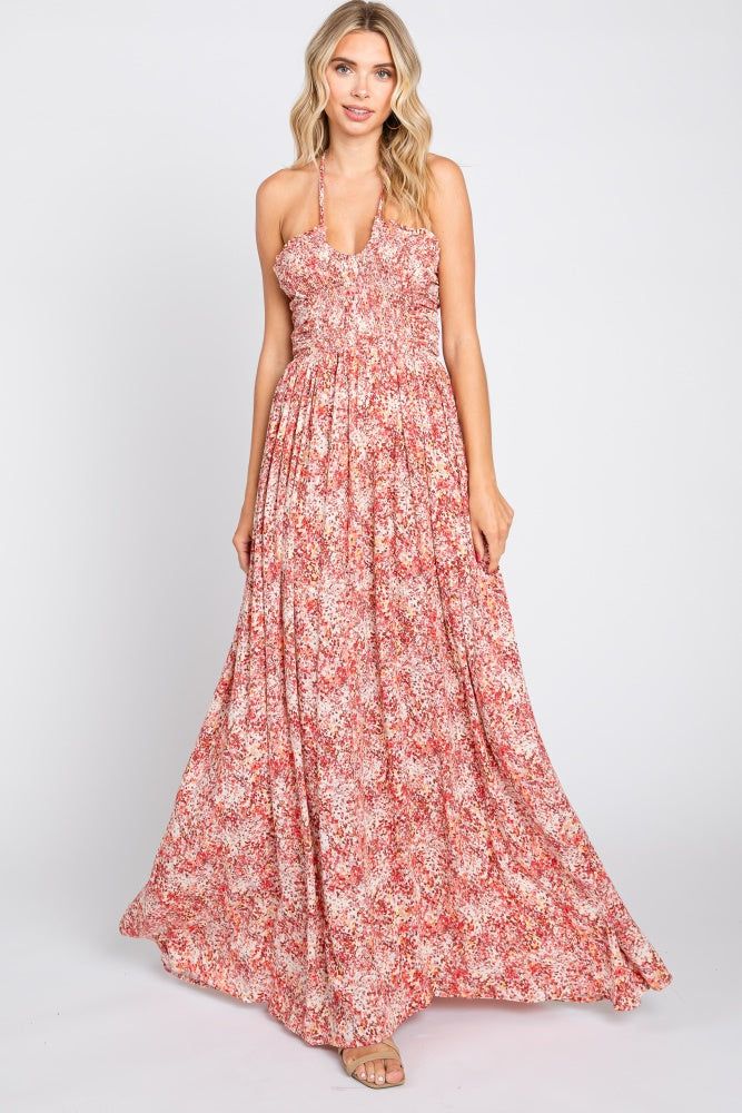 Red Smocked Halter Midi Dress sold by Pinkblush