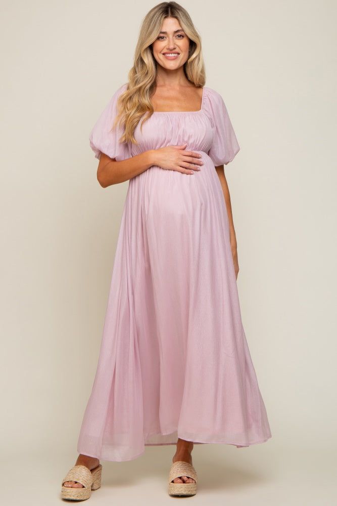 Light Pink Shimmer Chiffon Short Puff Sleeve Maternity Maxi Dress sold by Pinkblush