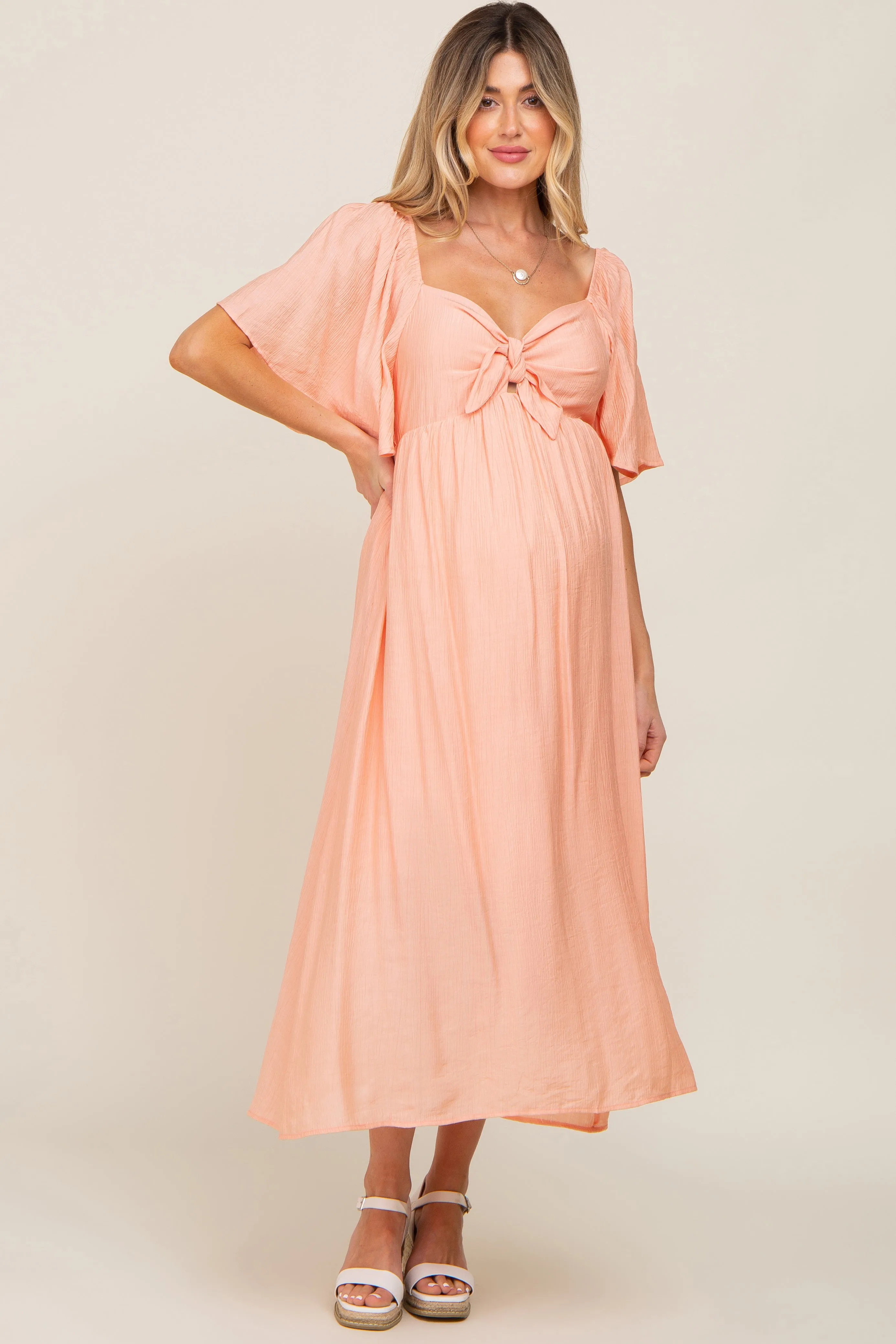 Peach Front Tie Ruffle Sleeve Maternity Midi Dress sold by Pinkblush product image thumbnail 4