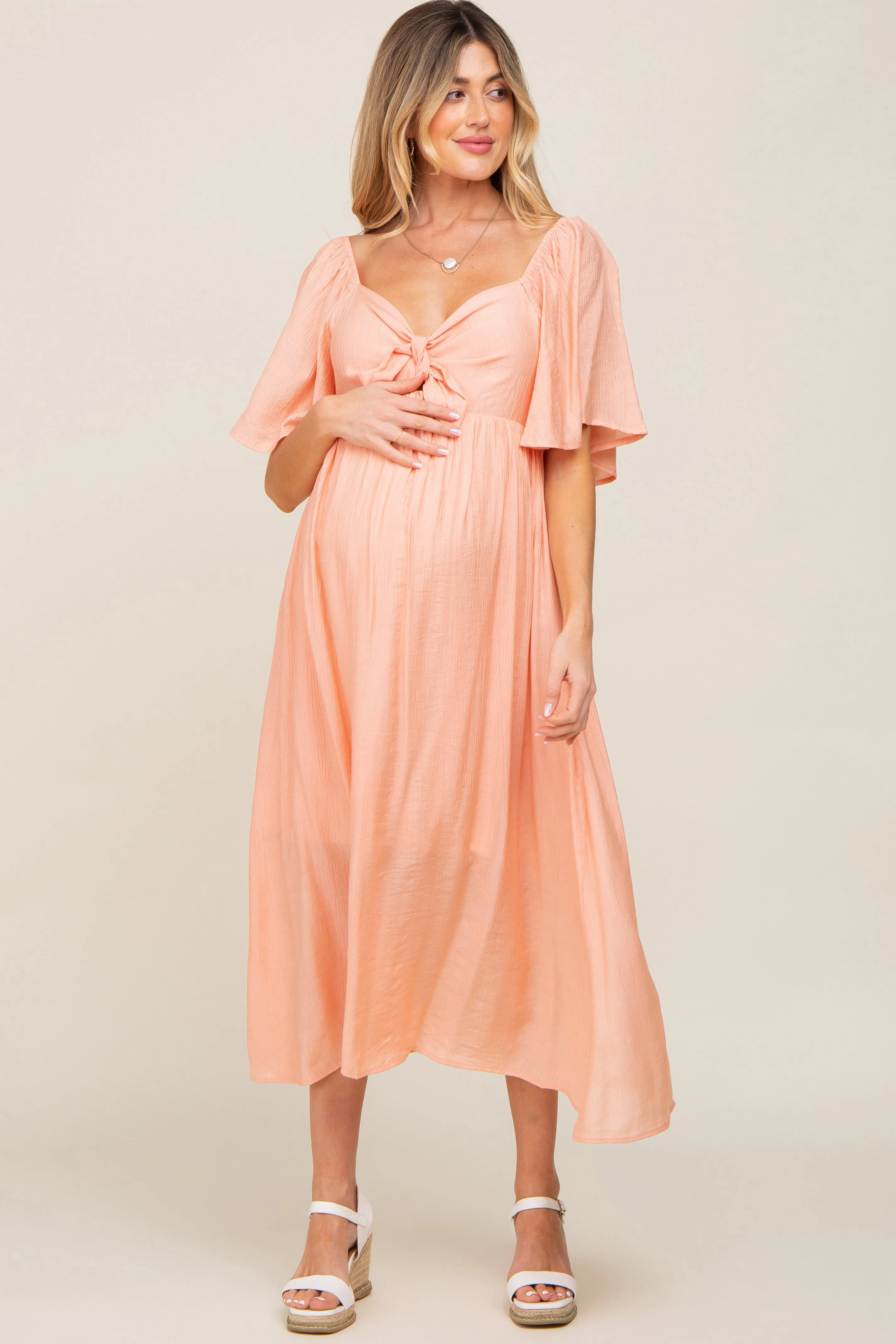 Peach Front Tie Ruffle Sleeve Maternity Midi Dress sold by Pinkblush