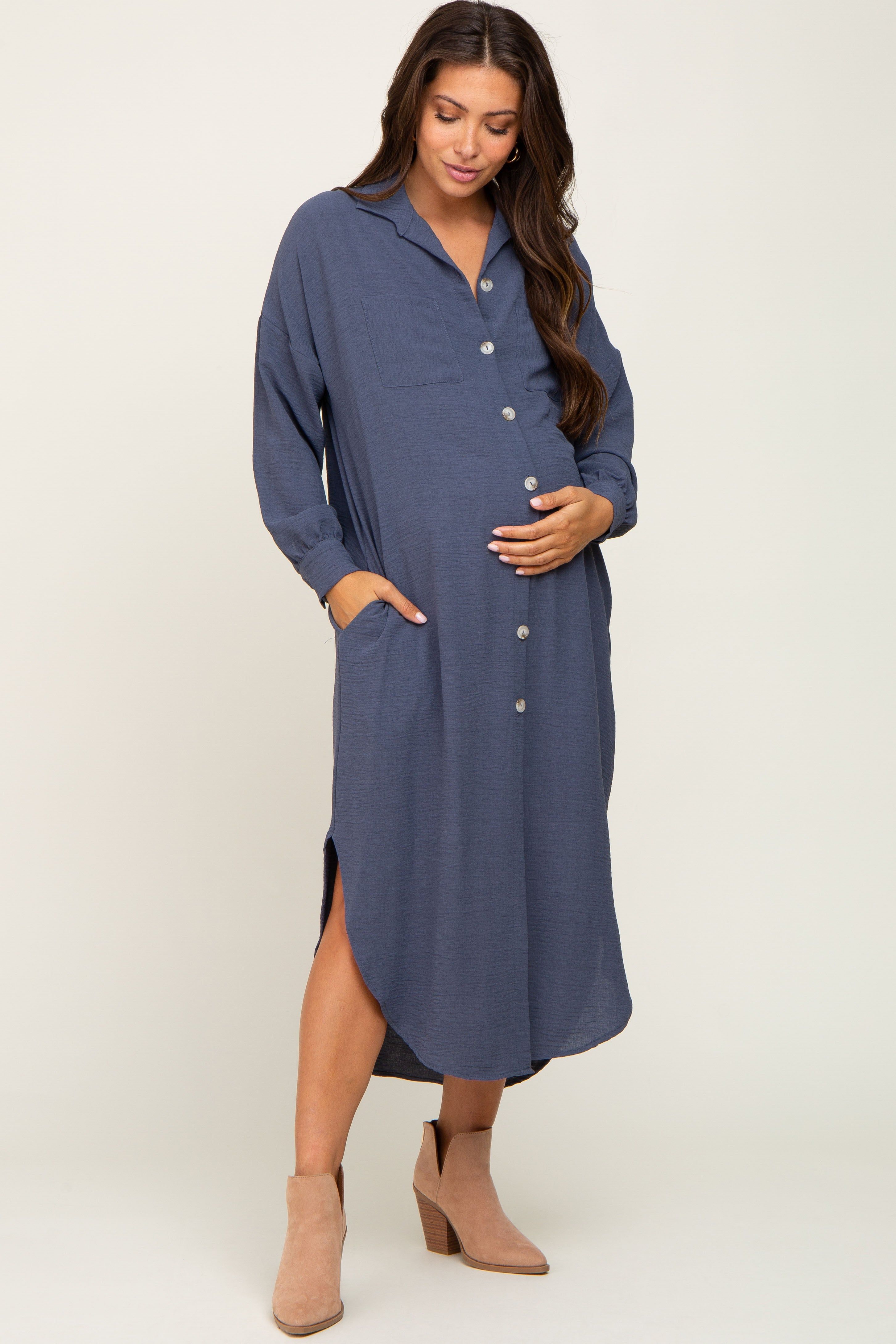 Blue Grey Button Down Front Pocket Maternity Midi Dress sold by Pinkblush product image thumbnail 4