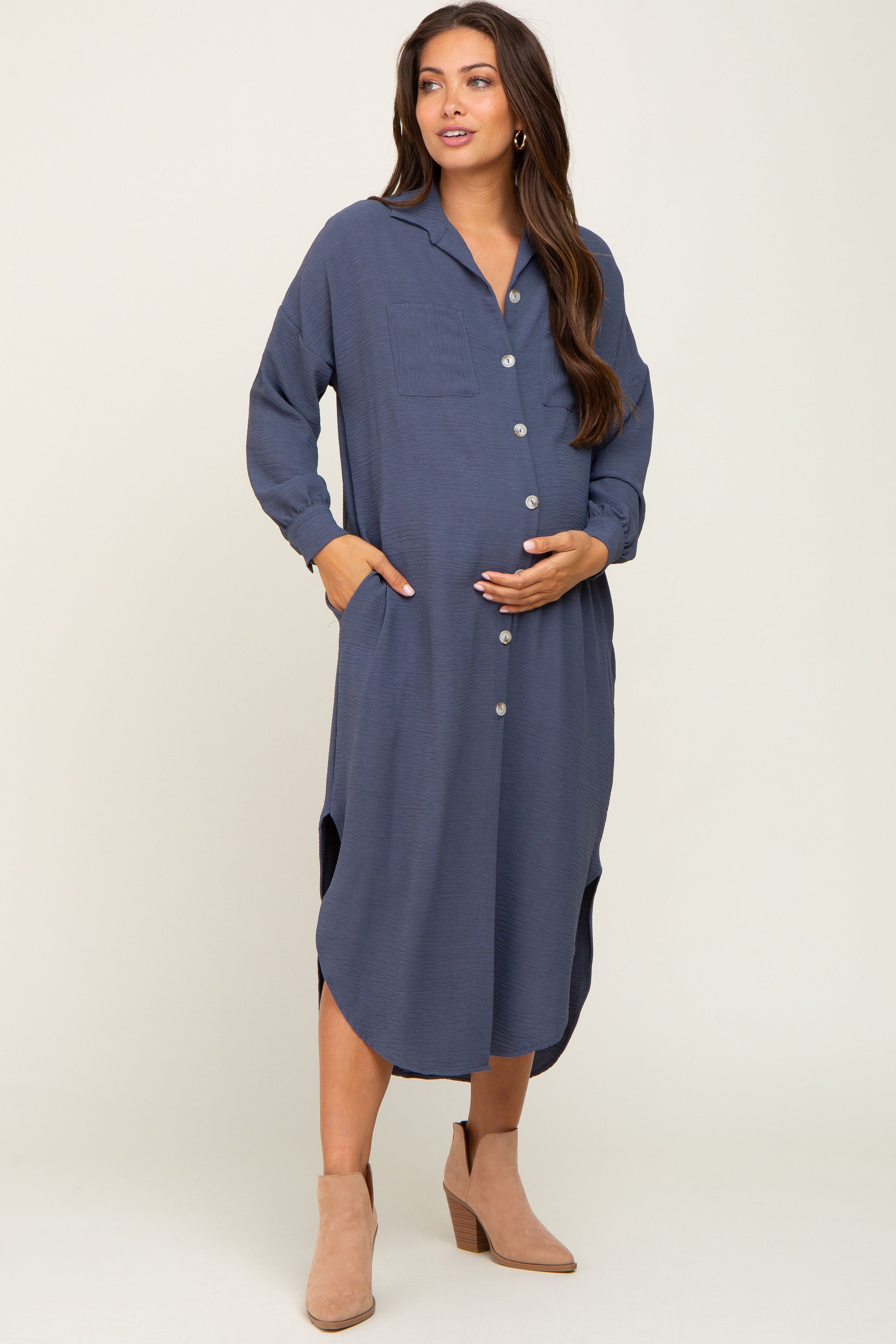 Blue Grey Button Down Front Pocket Maternity Midi Dress sold by Pinkblush