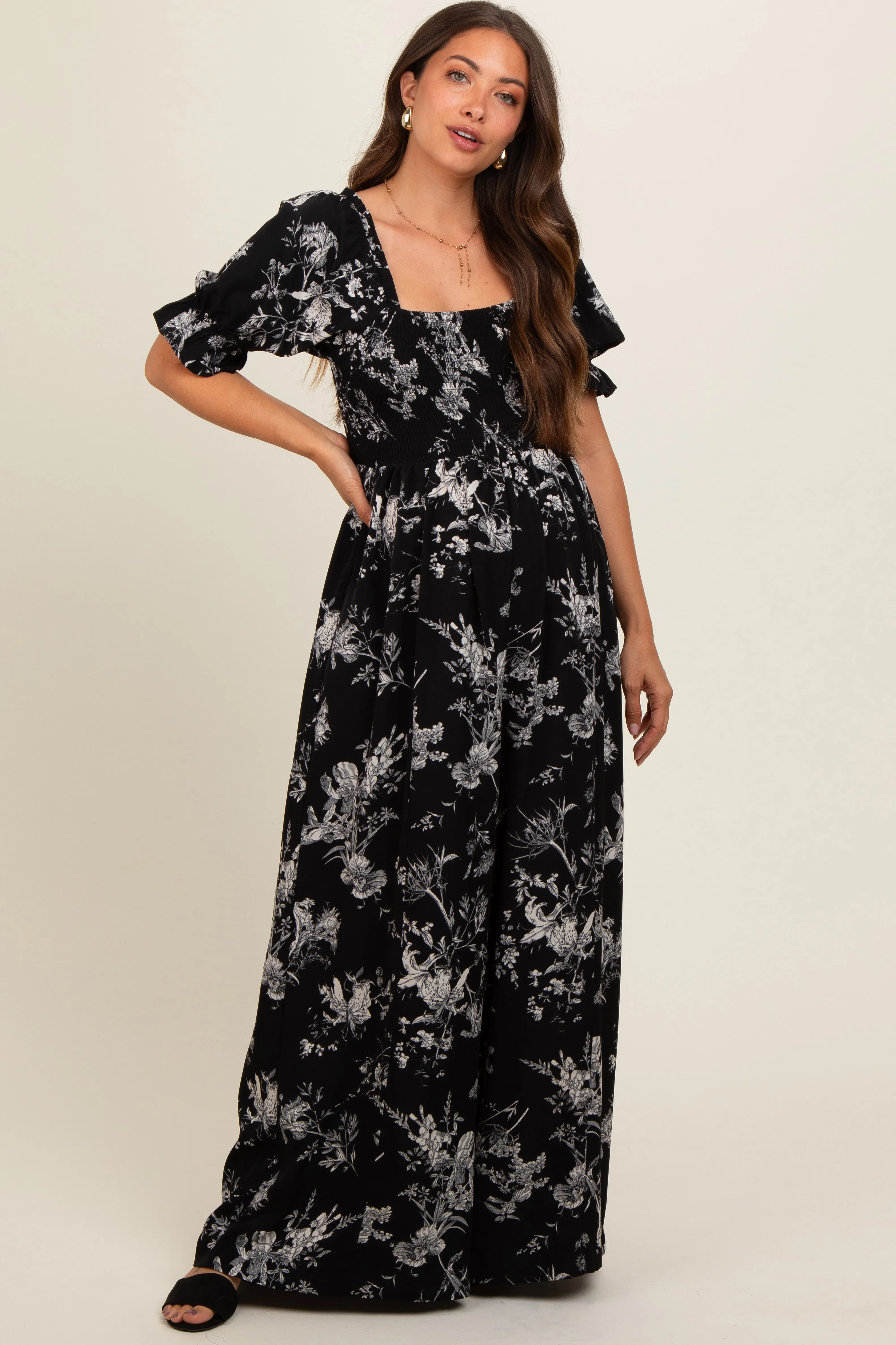 Black Floral Smocked Square Neck Wide Leg Maternity Jumpsuit sold by Pinkblush product image thumbnail 2