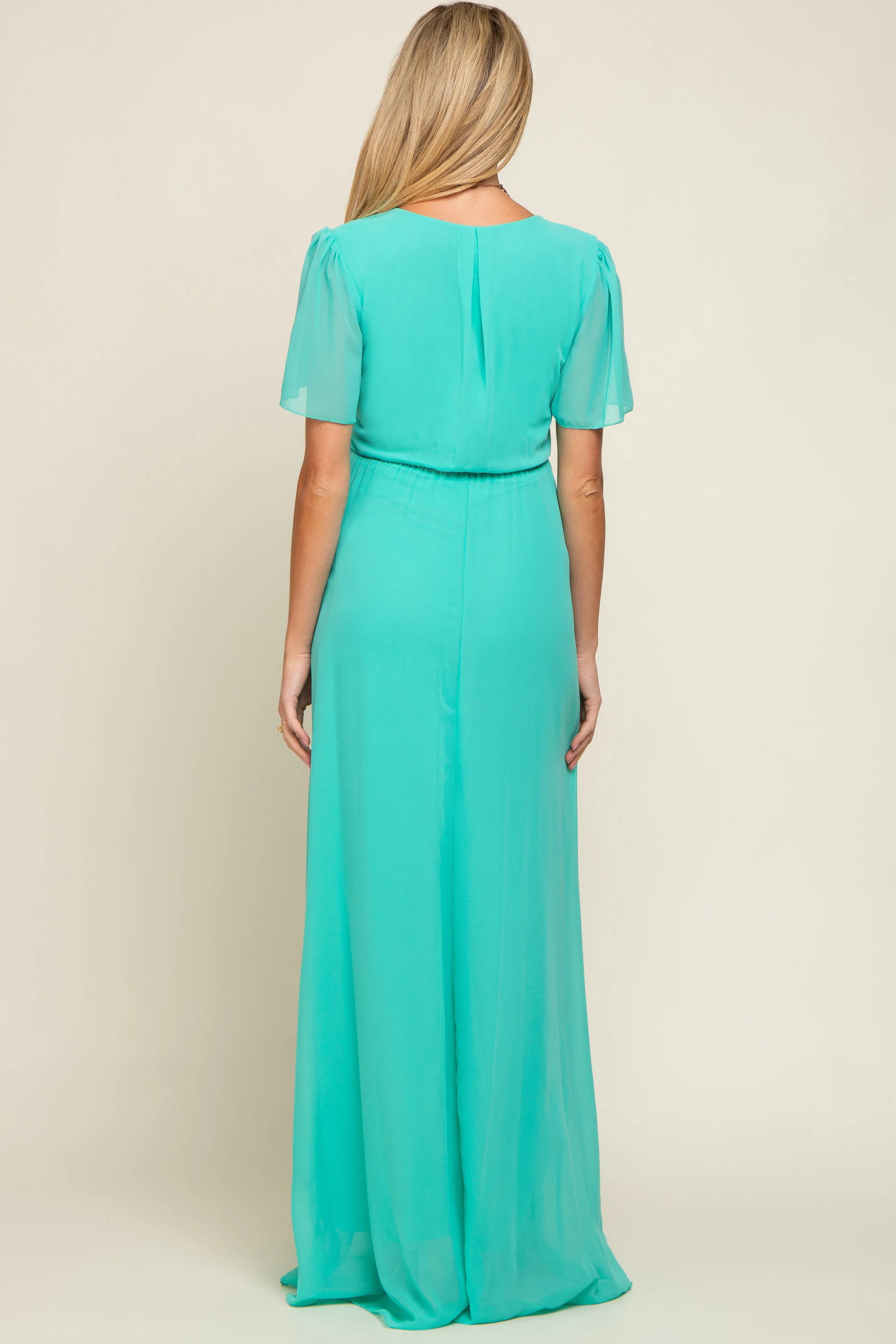 Aqua Chiffon Wrap Front Short Sleeve Maternity Maxi Dress sold by Pinkblush product image thumbnail 3