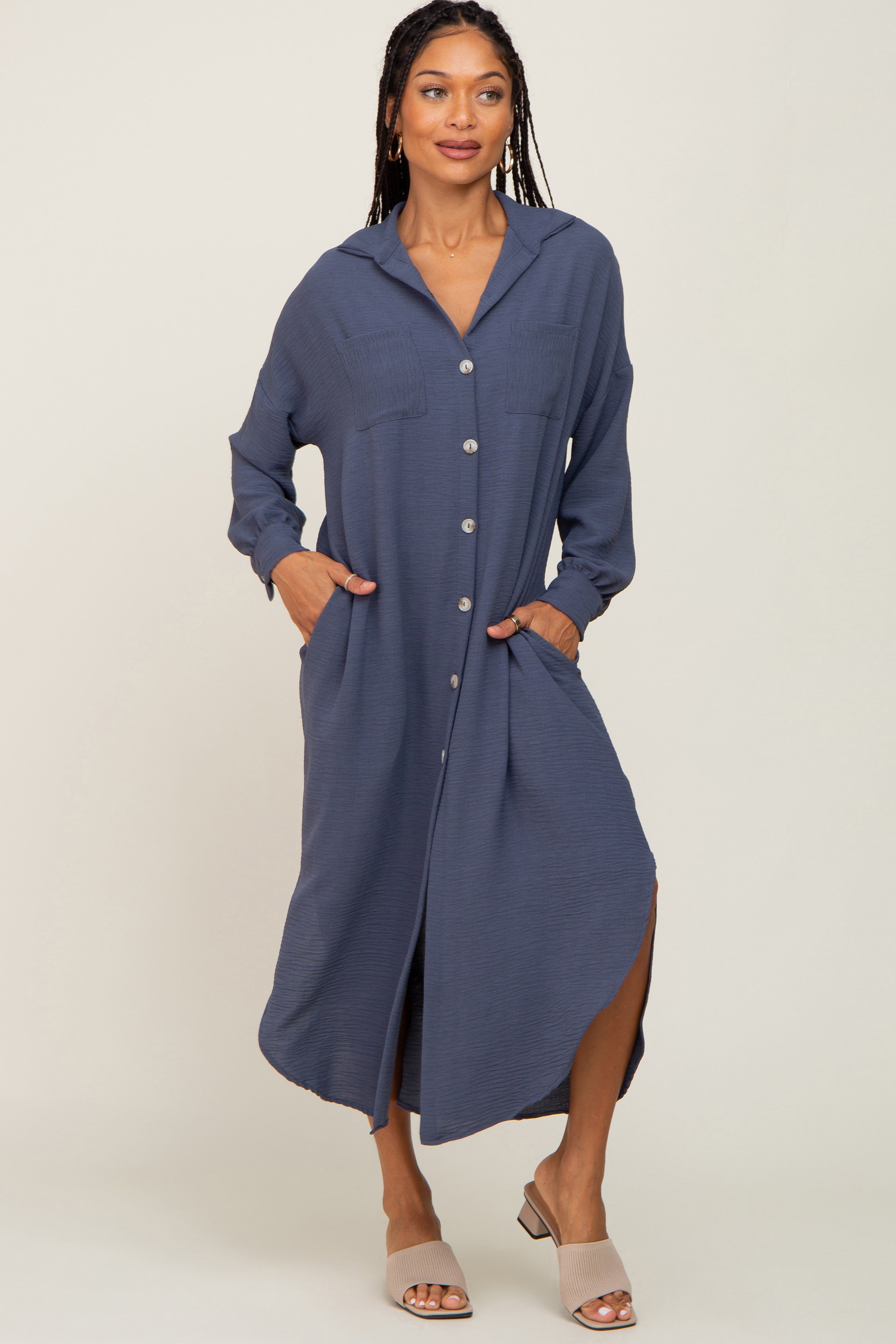 Blue Grey Button Down Front Pocket Maternity Midi Dress sold by Pinkblush product image thumbnail 5