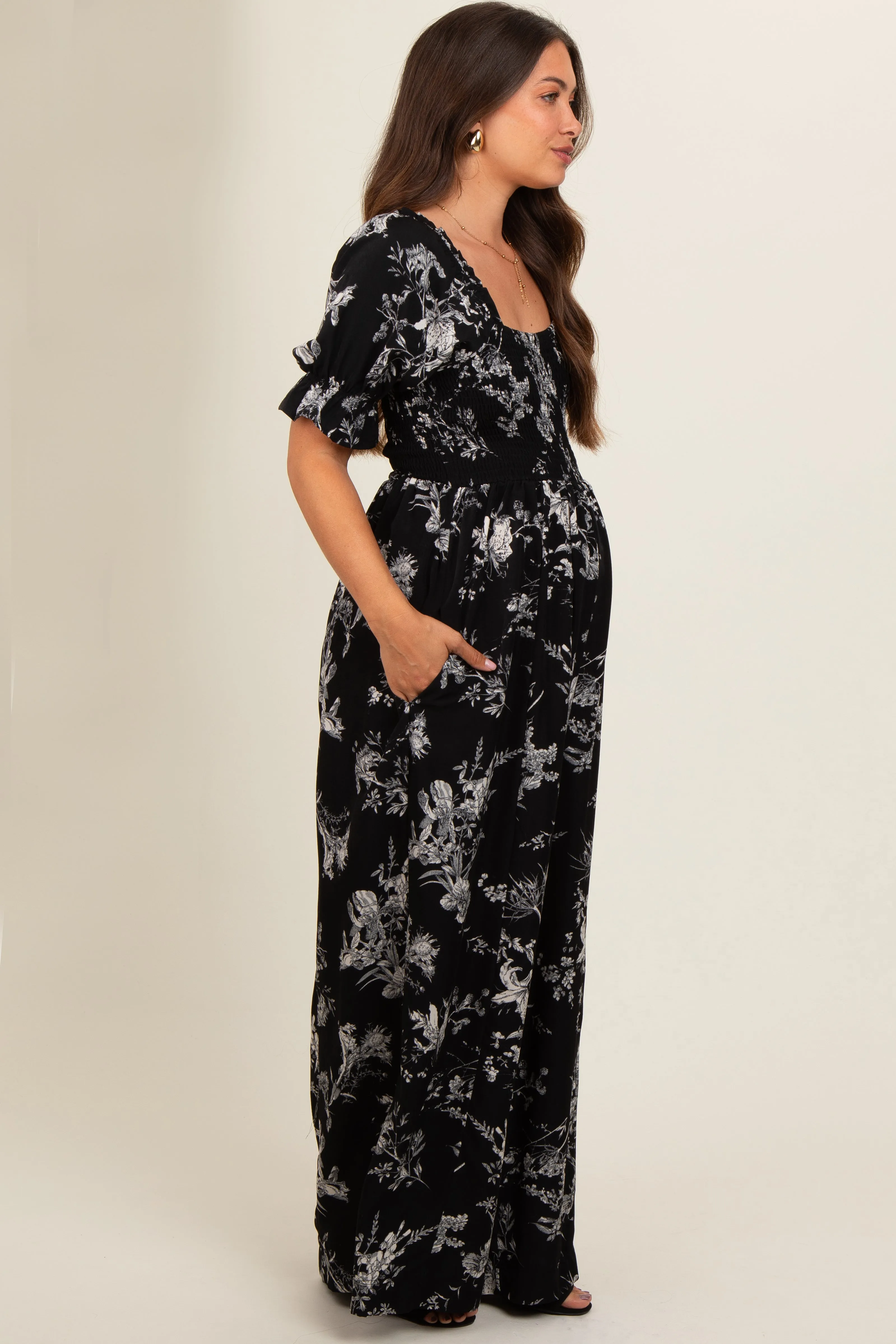 Black Floral Smocked Square Neck Wide Leg Maternity Jumpsuit sold by Pinkblush product image thumbnail 3