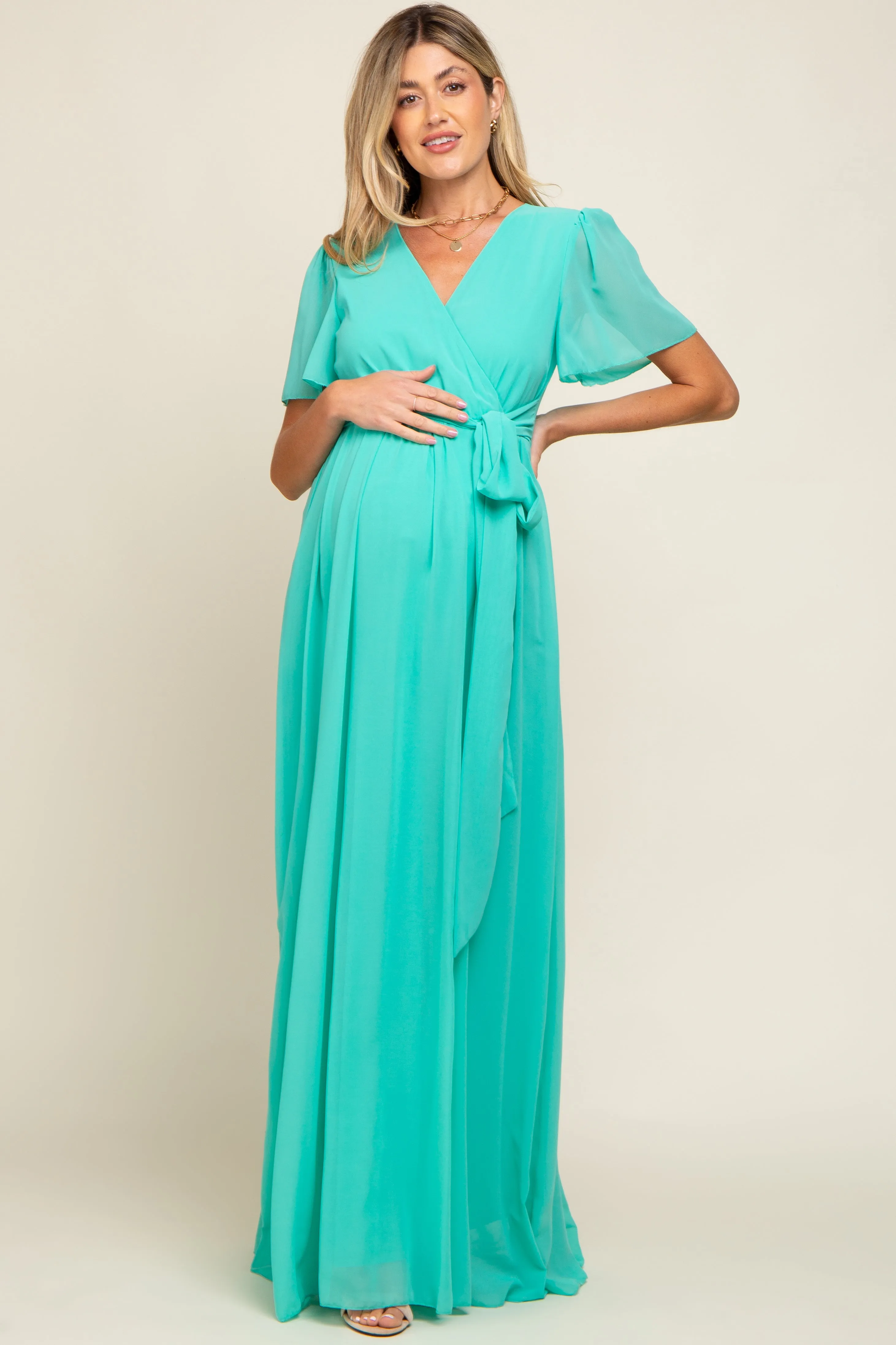 Aqua Chiffon Wrap Front Short Sleeve Maternity Maxi Dress sold by Pinkblush product image thumbnail 4