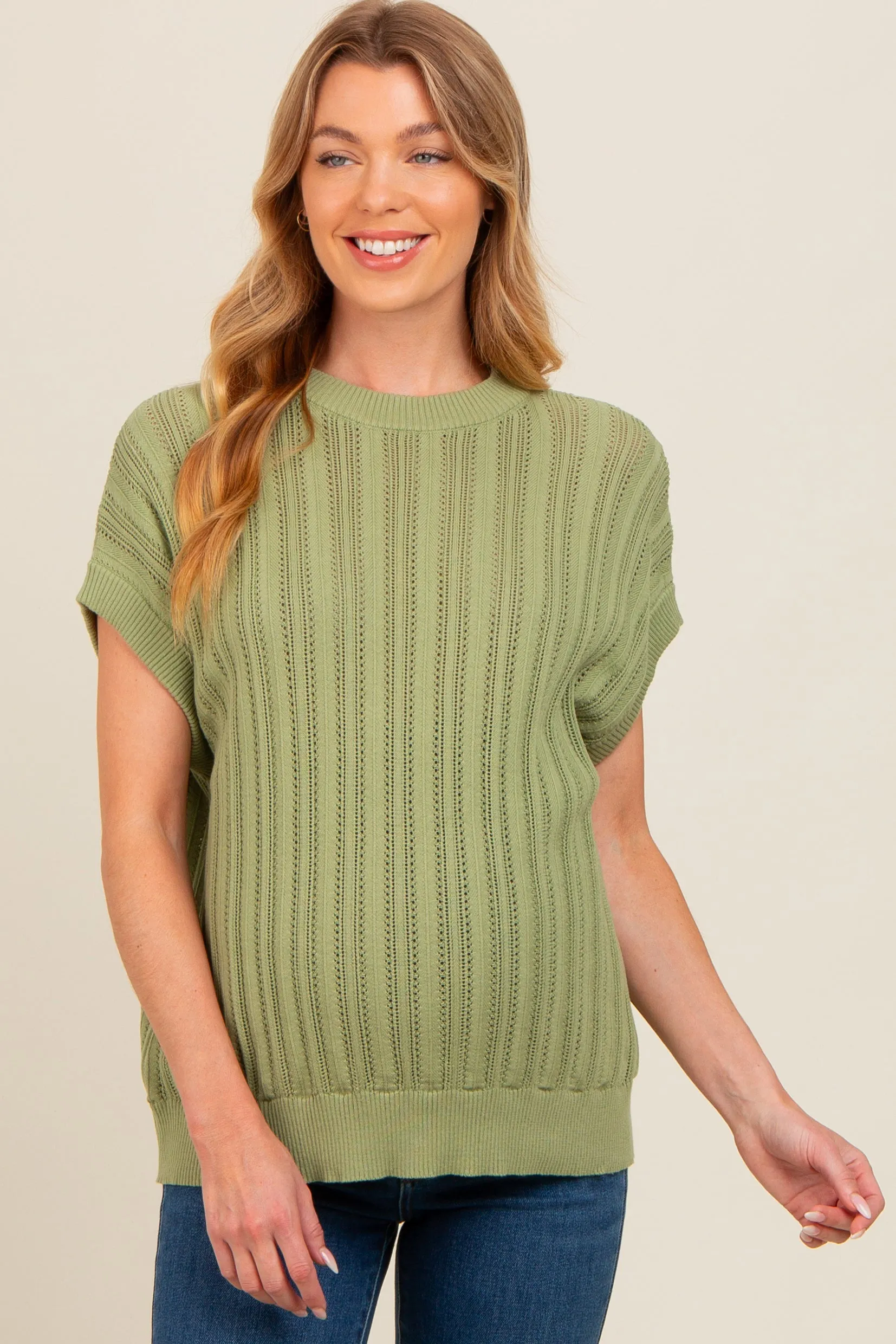 Light Green Crochet Knit Short Sleeve Sweater Maternity Top sold by Pinkblush product image thumbnail 2