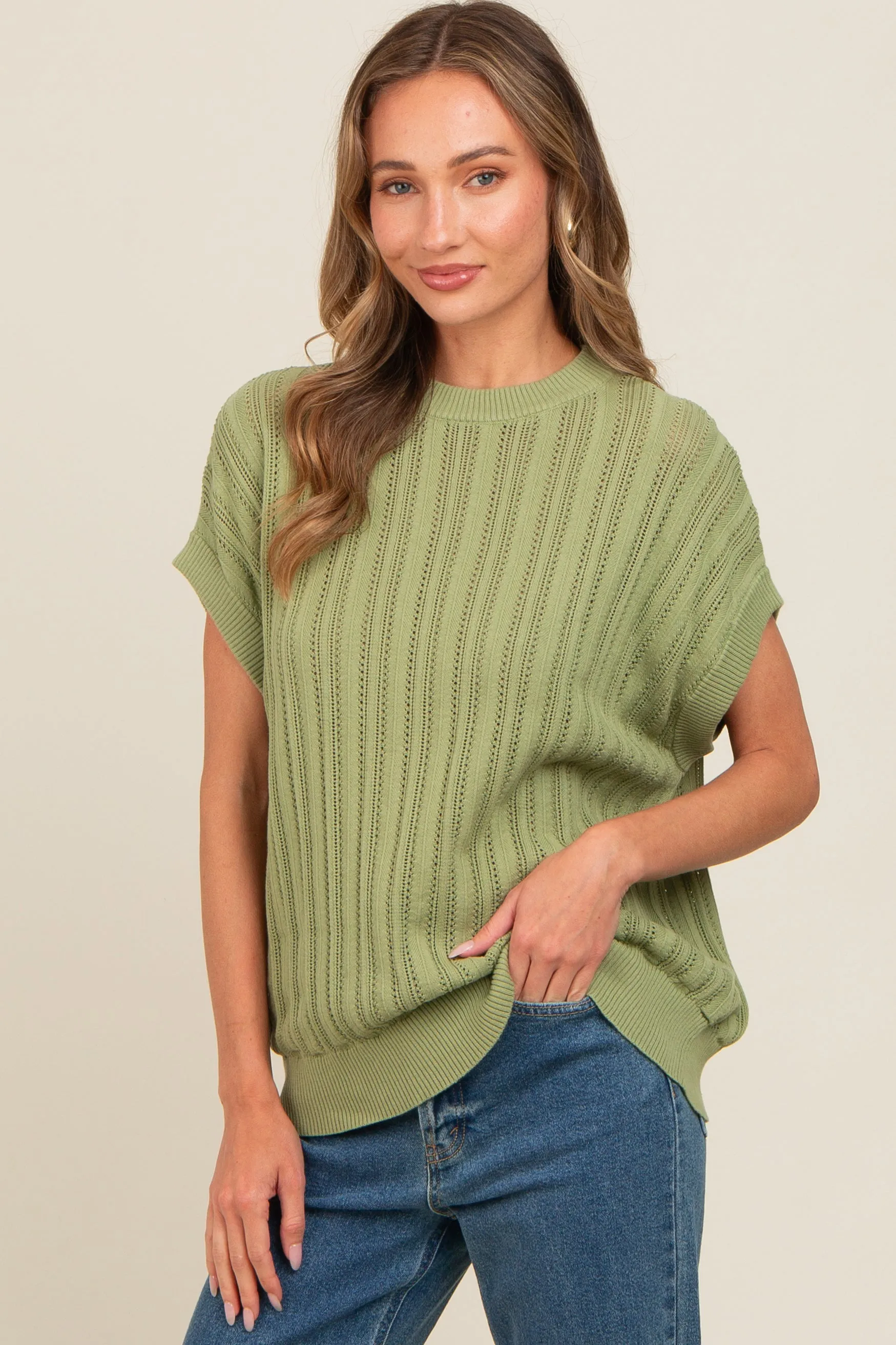 Light Green Crochet Knit Short Sleeve Sweater Maternity Top sold by Pinkblush product image thumbnail 4
