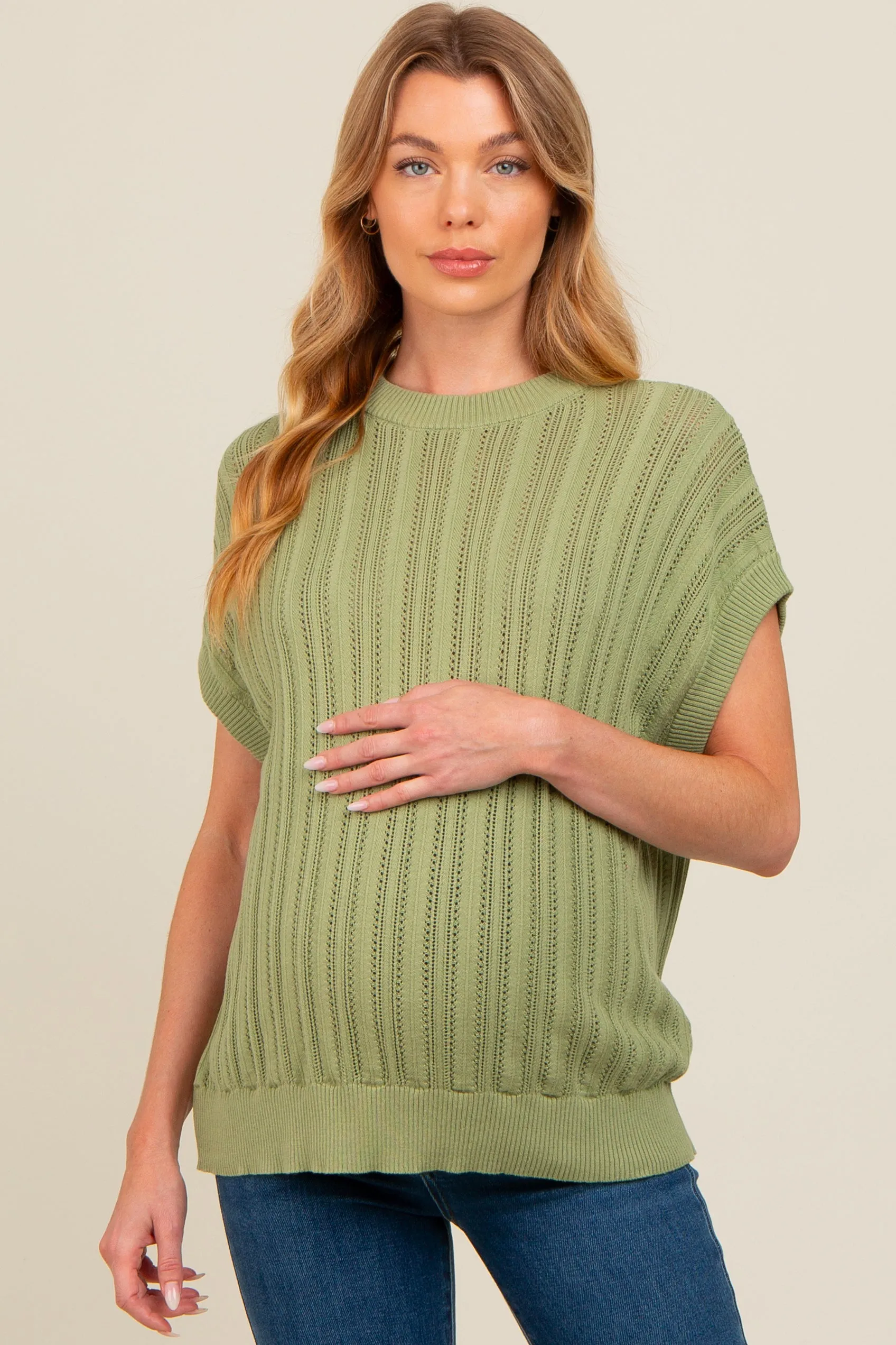 Light Green Crochet Knit Short Sleeve Sweater Maternity Top sold by Pinkblush
