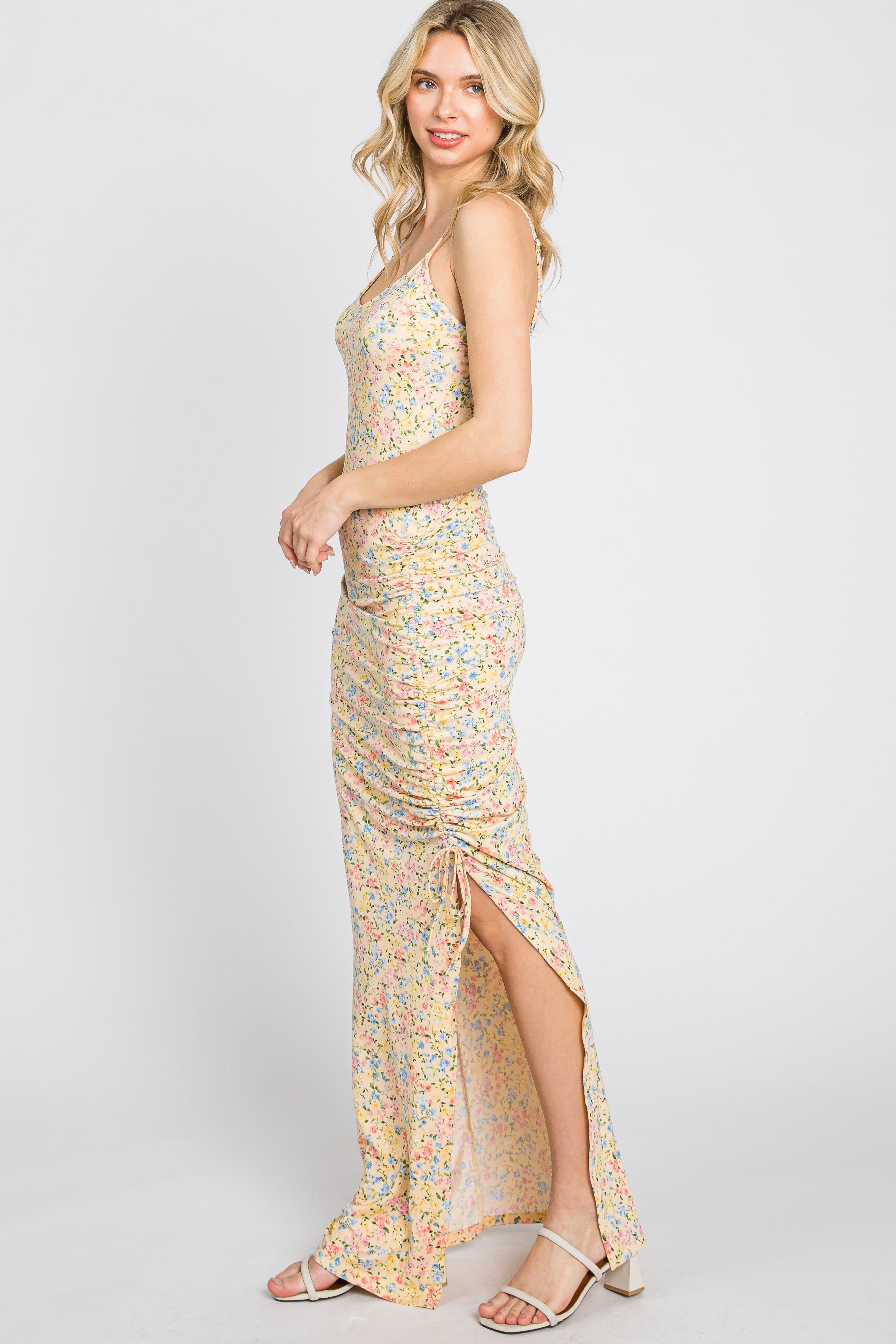 Yellow Floral Side Slit Ruched Maxi Dress sold by Pinkblush product image thumbnail 3