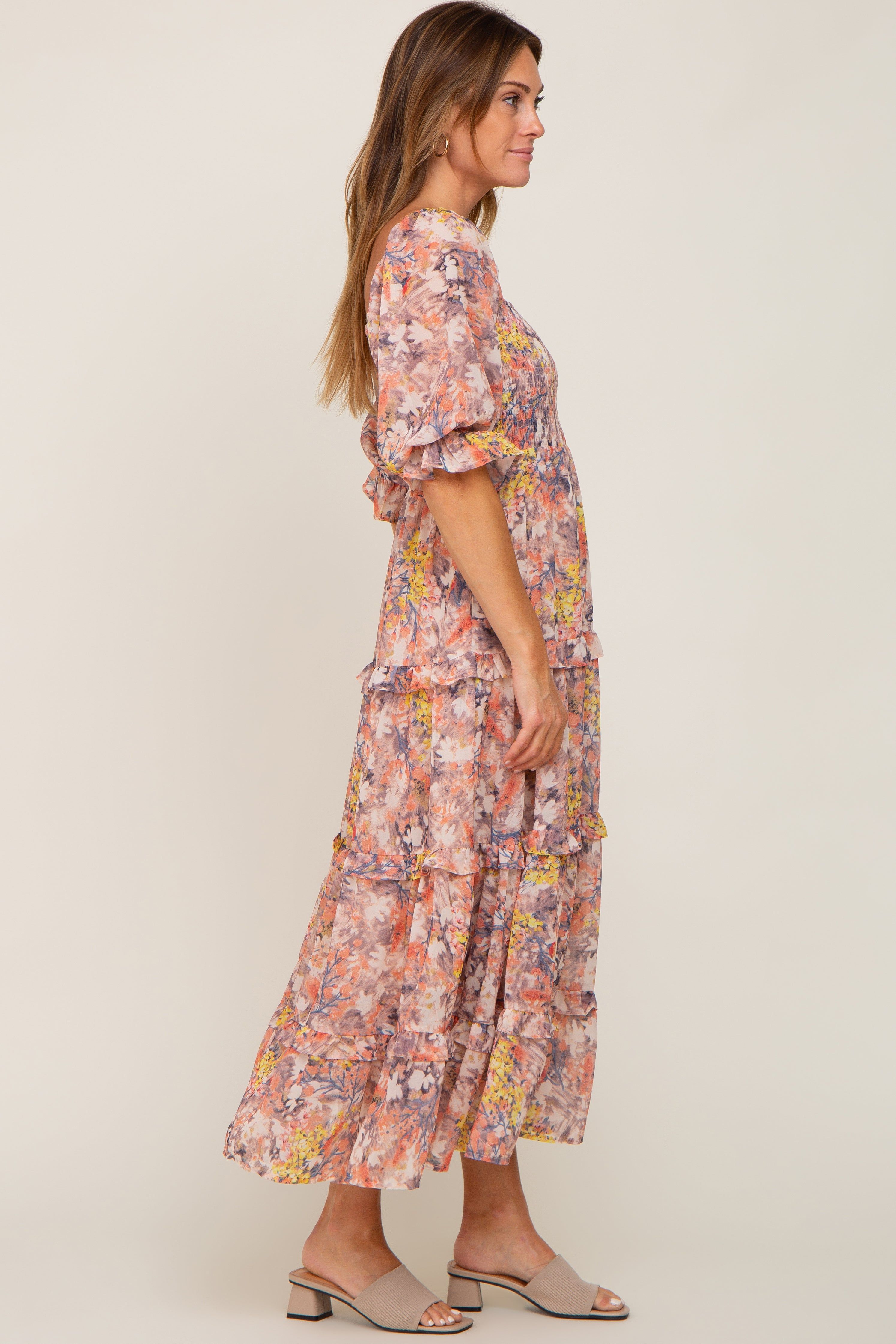Taupe Floral Watercolor Print Tiered Midi Dress sold by Pinkblush product image thumbnail 2