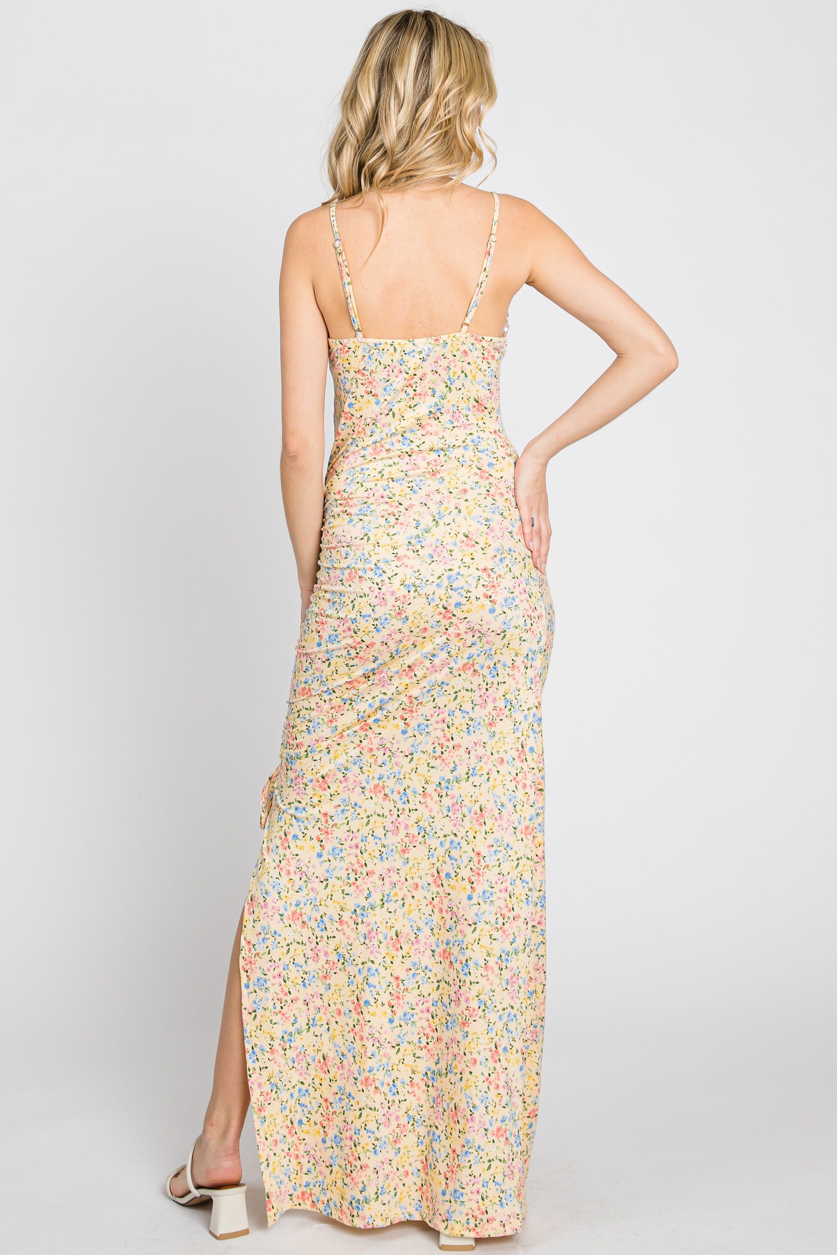 Yellow Floral Side Slit Ruched Maxi Dress sold by Pinkblush product image thumbnail 4