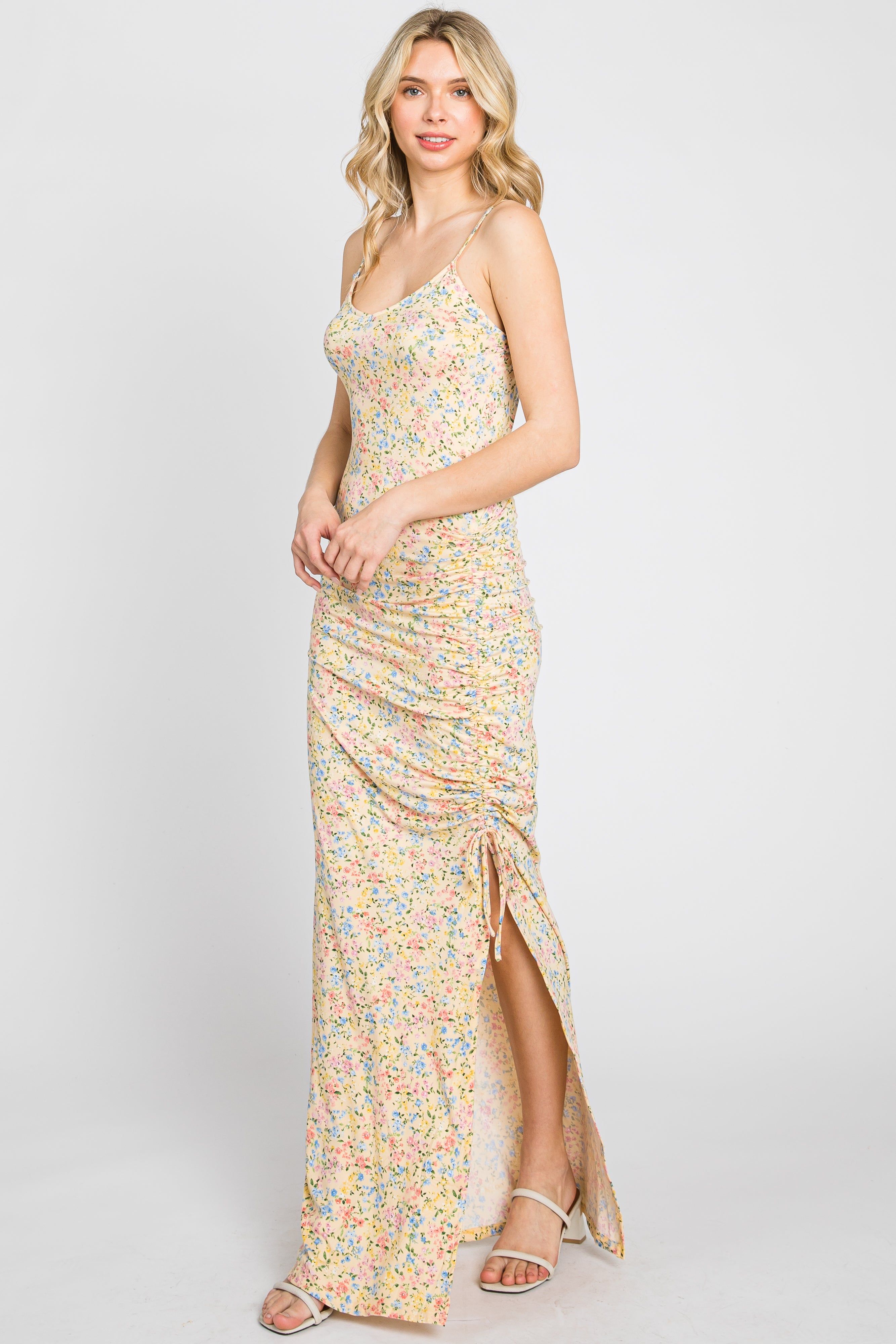 Yellow Floral Side Slit Ruched Maxi Dress sold by Pinkblush