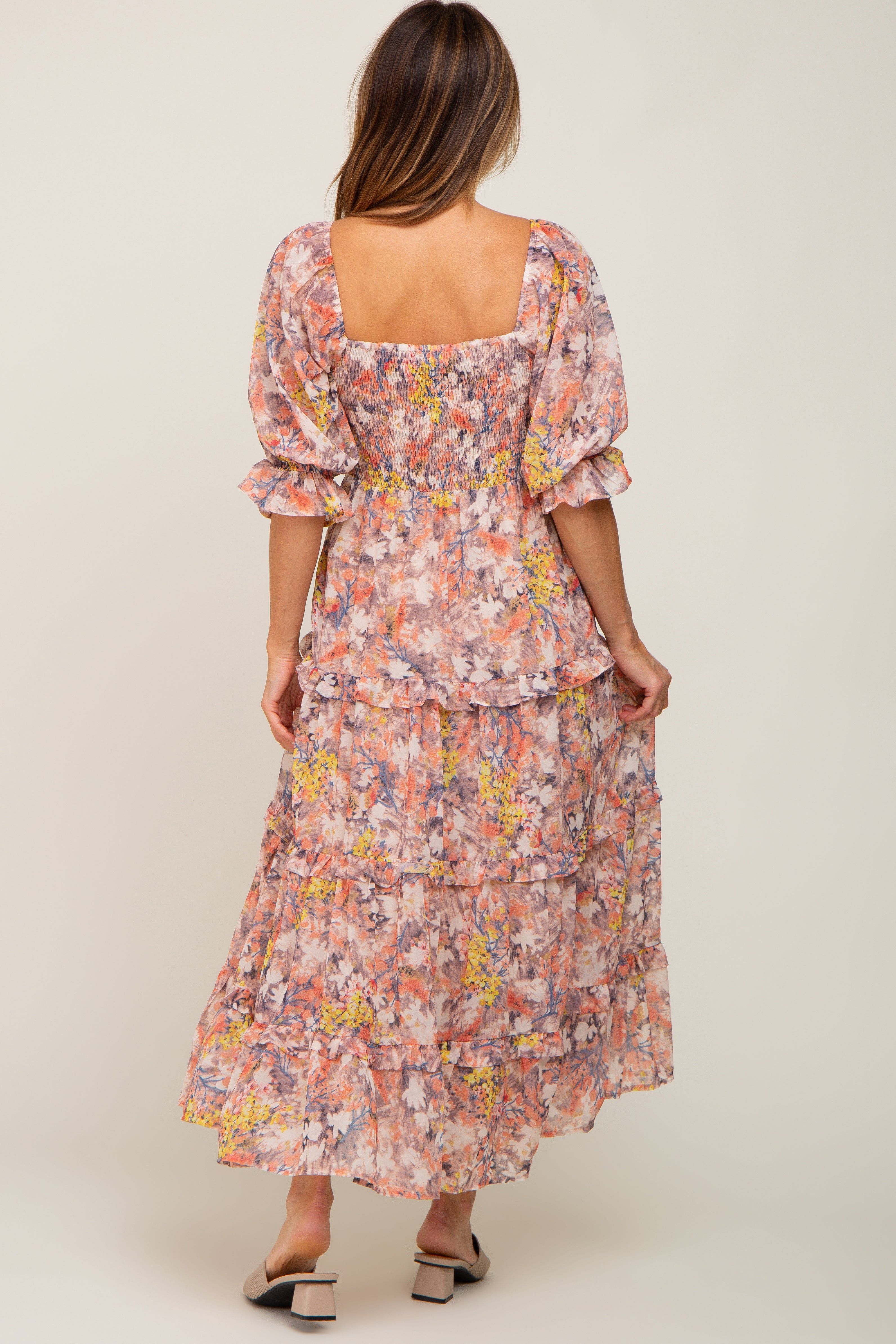 Taupe Floral Watercolor Print Tiered Midi Dress sold by Pinkblush product image thumbnail 3
