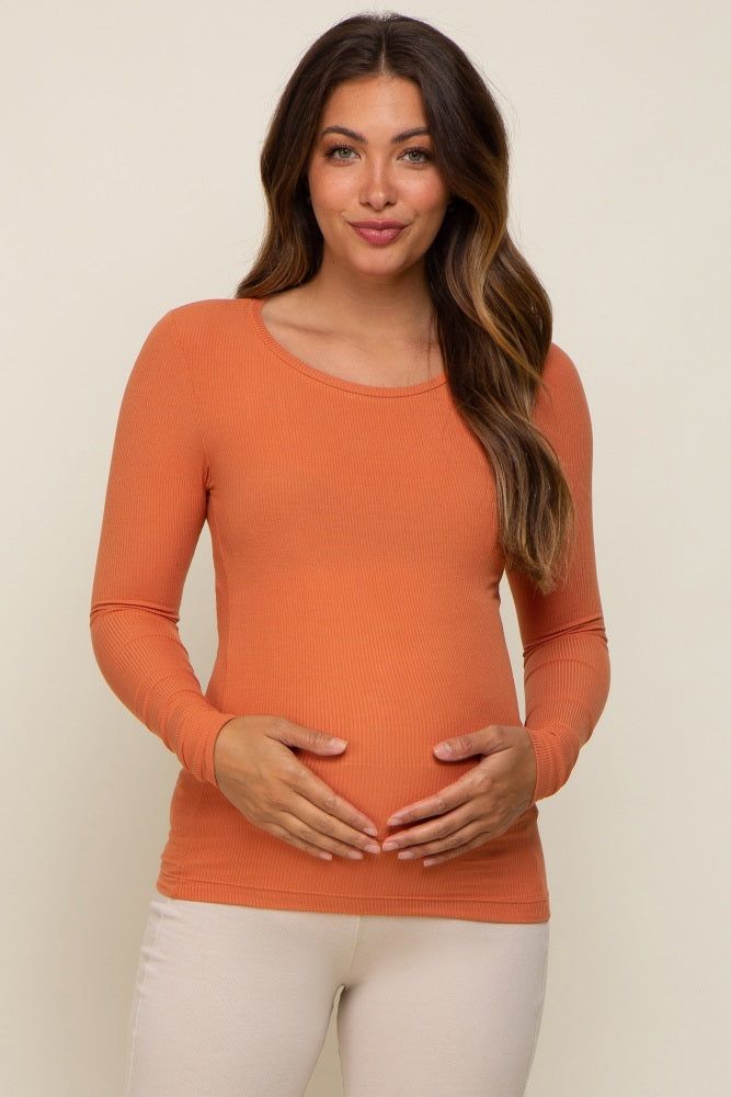 Orange Ribbed Long Sleeve Maternity Top sold by Pinkblush